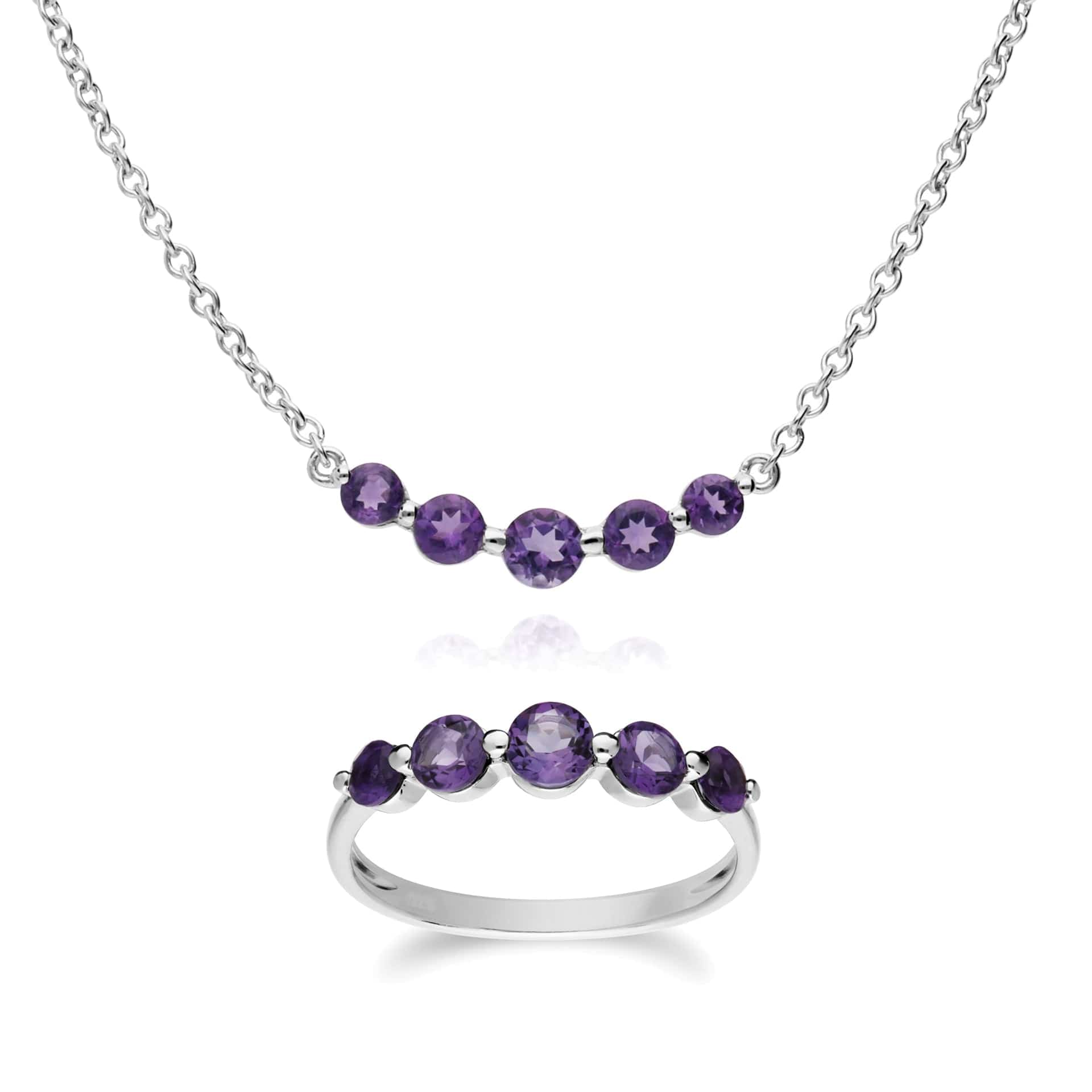 270N034103925-270R055903925 Classic Round Amethyst Five Stone Gradient Ring & Necklace Set in 925 Sterling Silver 1