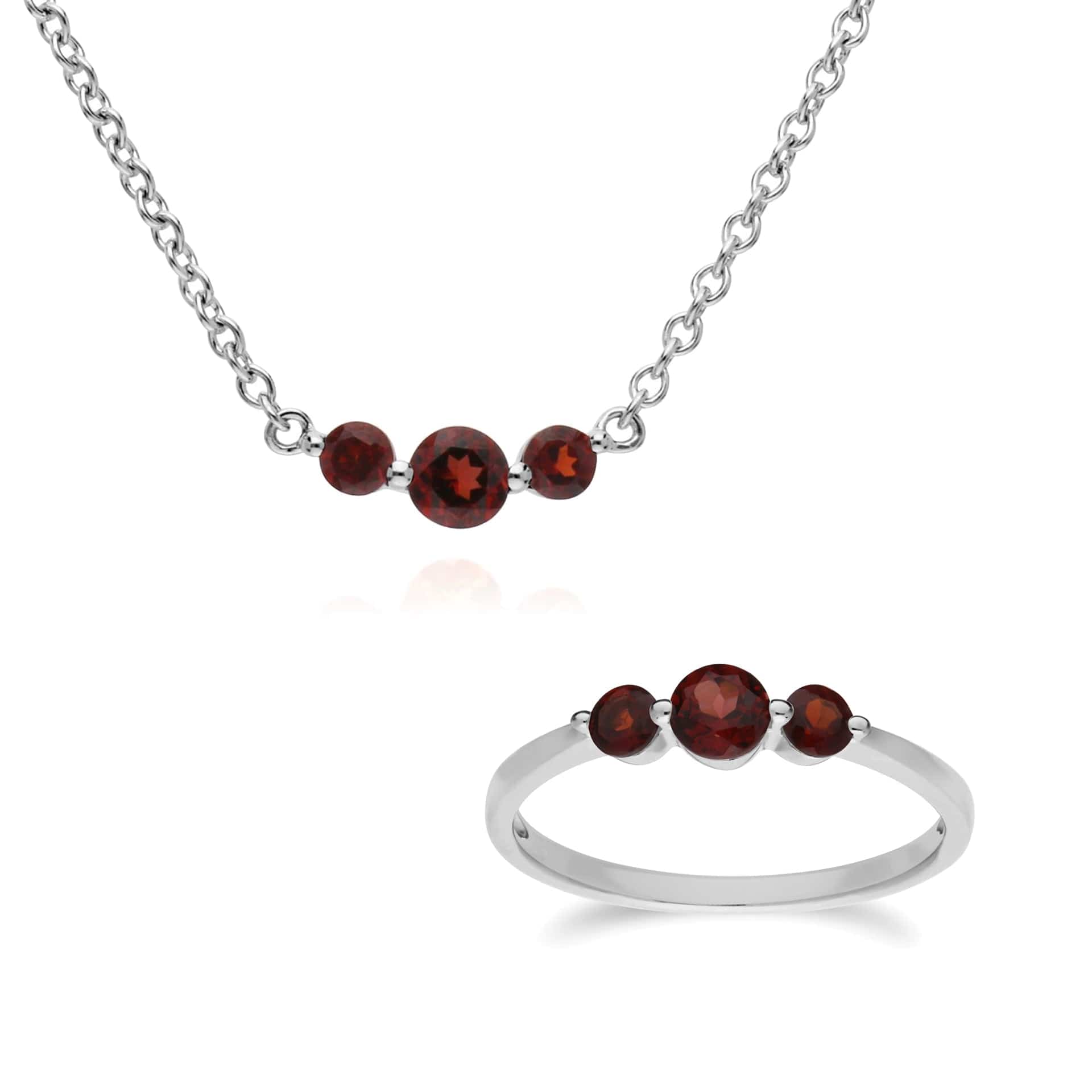 270N034202925-270R056002925 Classic Round Garnet Three Stone Gradient Ring & Necklace Set in 925 Sterling Silver 1