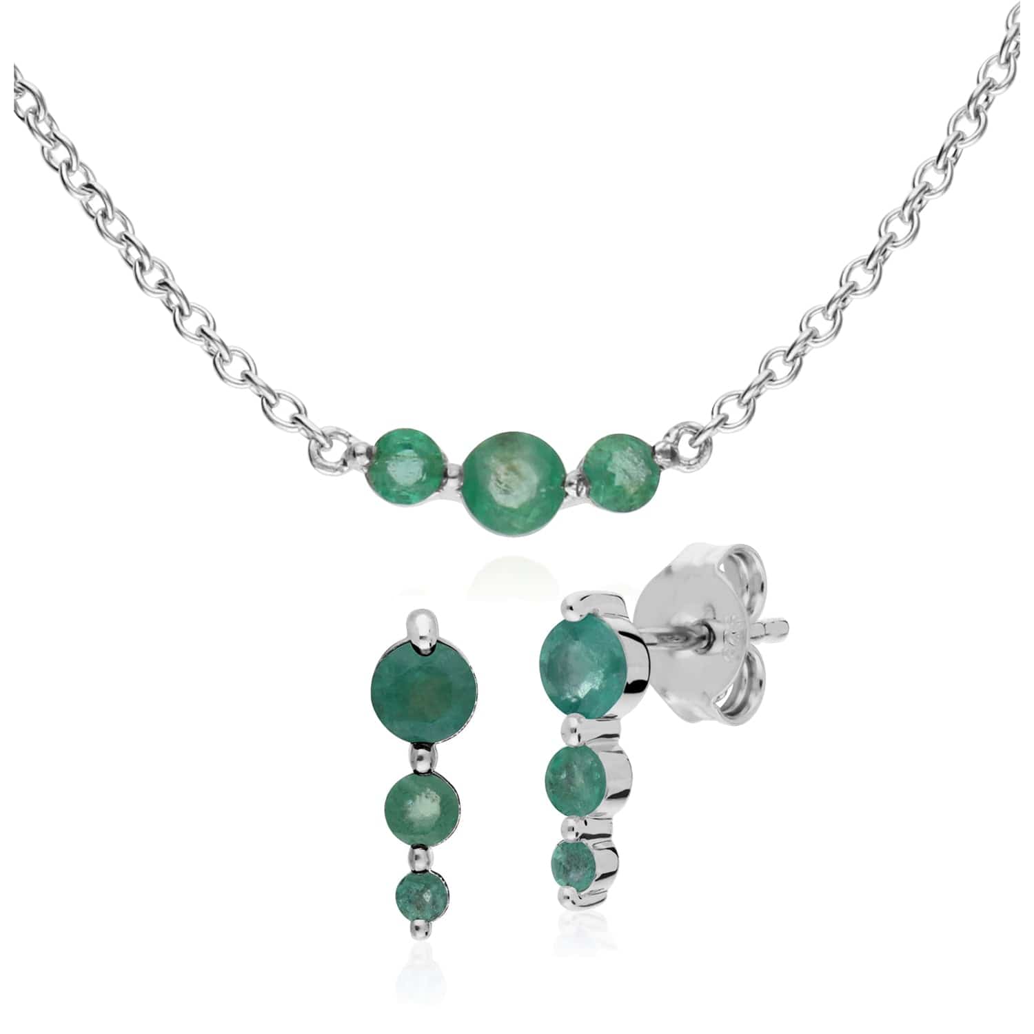 Classic Emerald Three Stone Gradient Earrings & Necklace Set Image 1