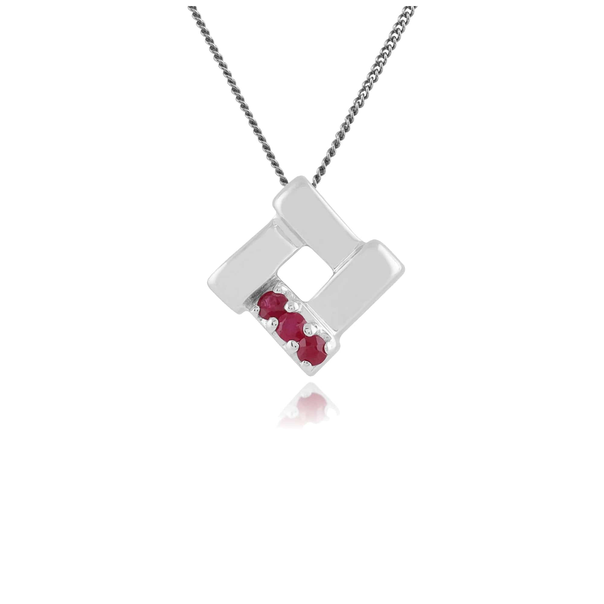 Classic Round Ruby Three Stone Square Crossover Pendant in 925 Sterling Silver - Gemondo