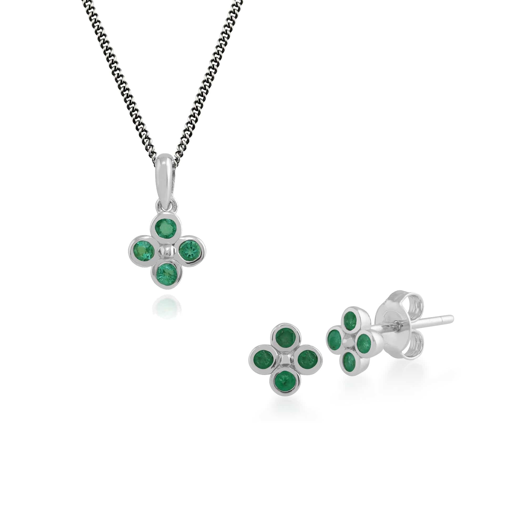 270E020401925-270P022001925 Floral Round Emerald Clover Stud Earrings & Pendant Set in 925 Sterling Silver 1