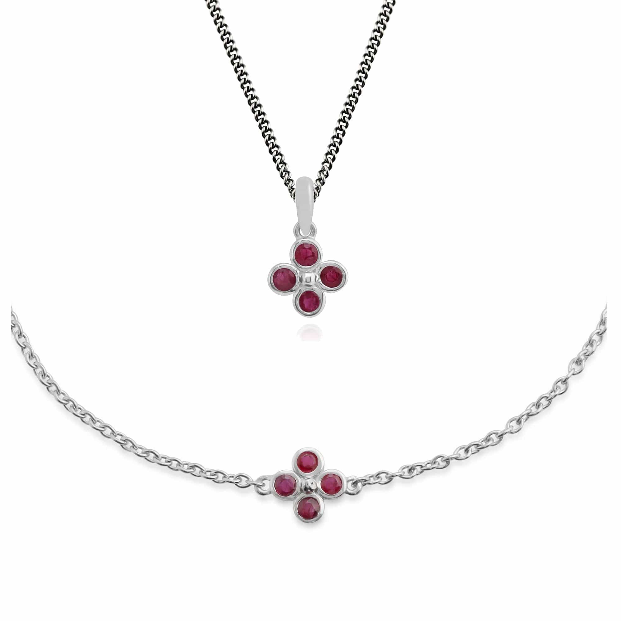 270P022002925-270L009702925 Floral Round Ruby Clover Pendant & Bracelet Set in 925 Sterling Silver 1