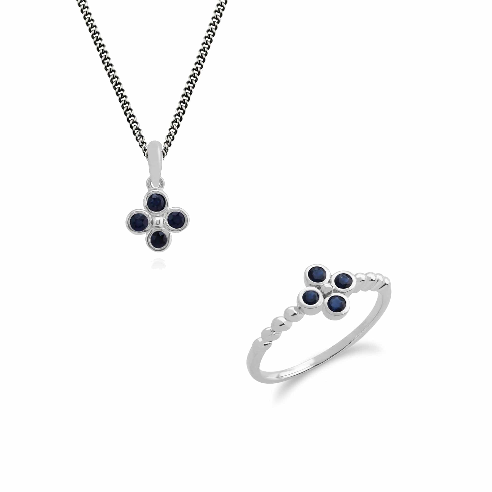 270P022003925-270R048203925 Floral Round Sapphire Clover Pendant & Ring Set in 925 Sterling Silver 1