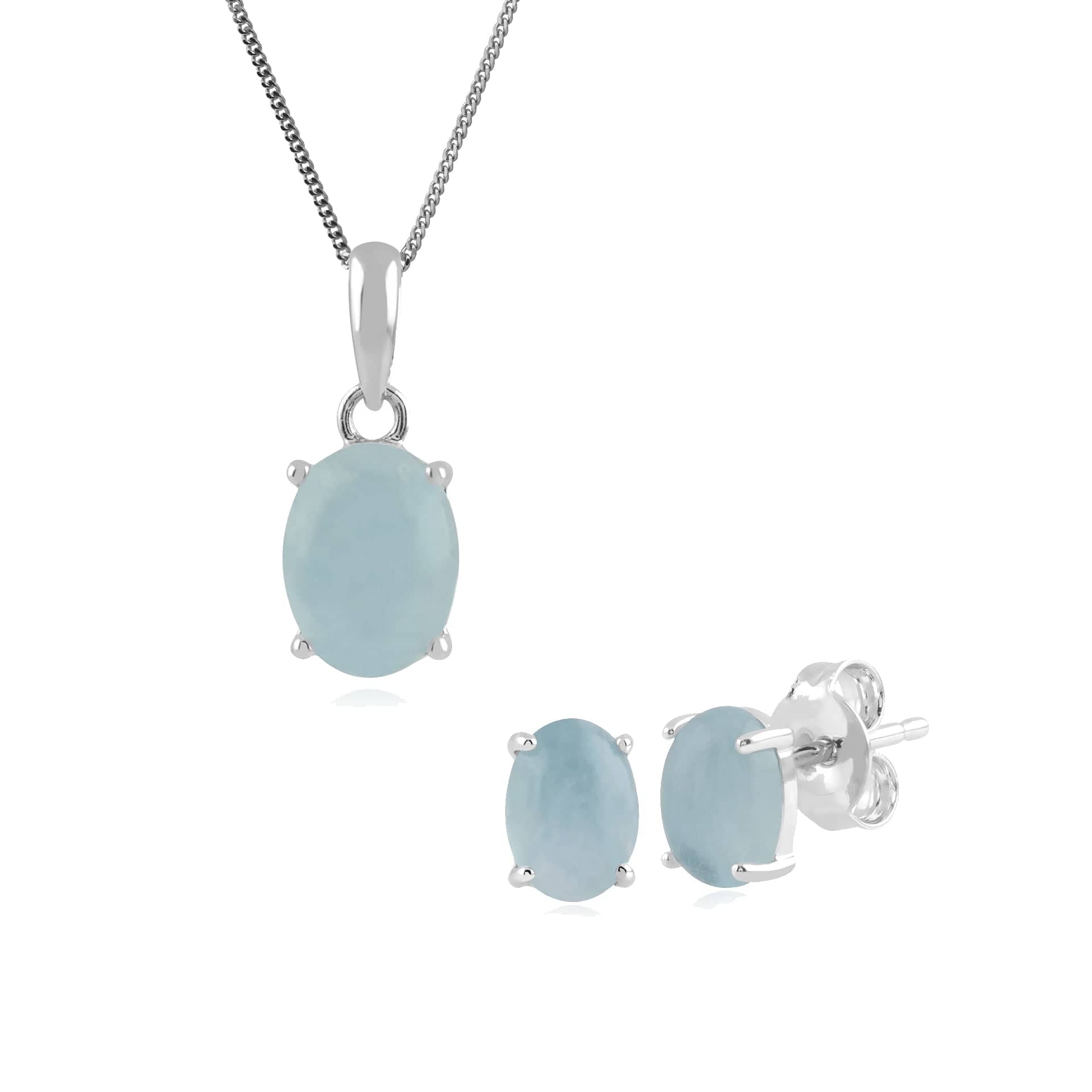 270E023901925-270P023801925 Classic Oval Milky Aquamarine Stud Earrings & Pendant Set in 925 Sterling Silver 1