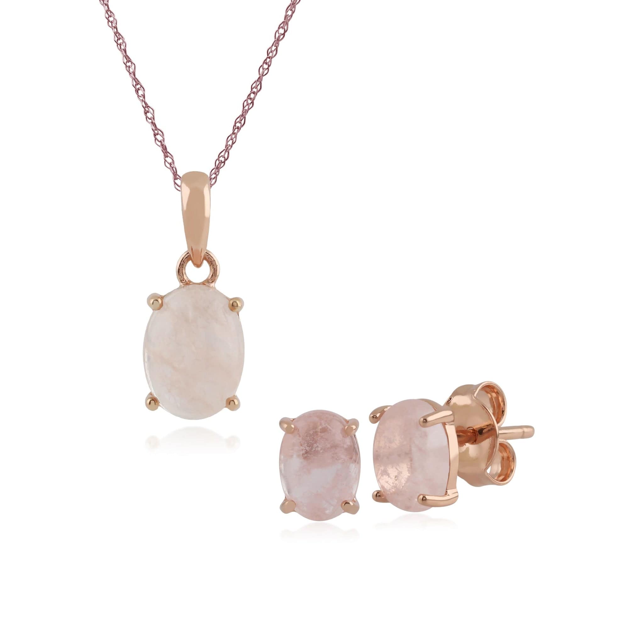 Rose Gold Plated Sterling Silver Milky Morganite Oval Stud Earrings & Necklace Set in 925 Sterling Silver - Gemondo