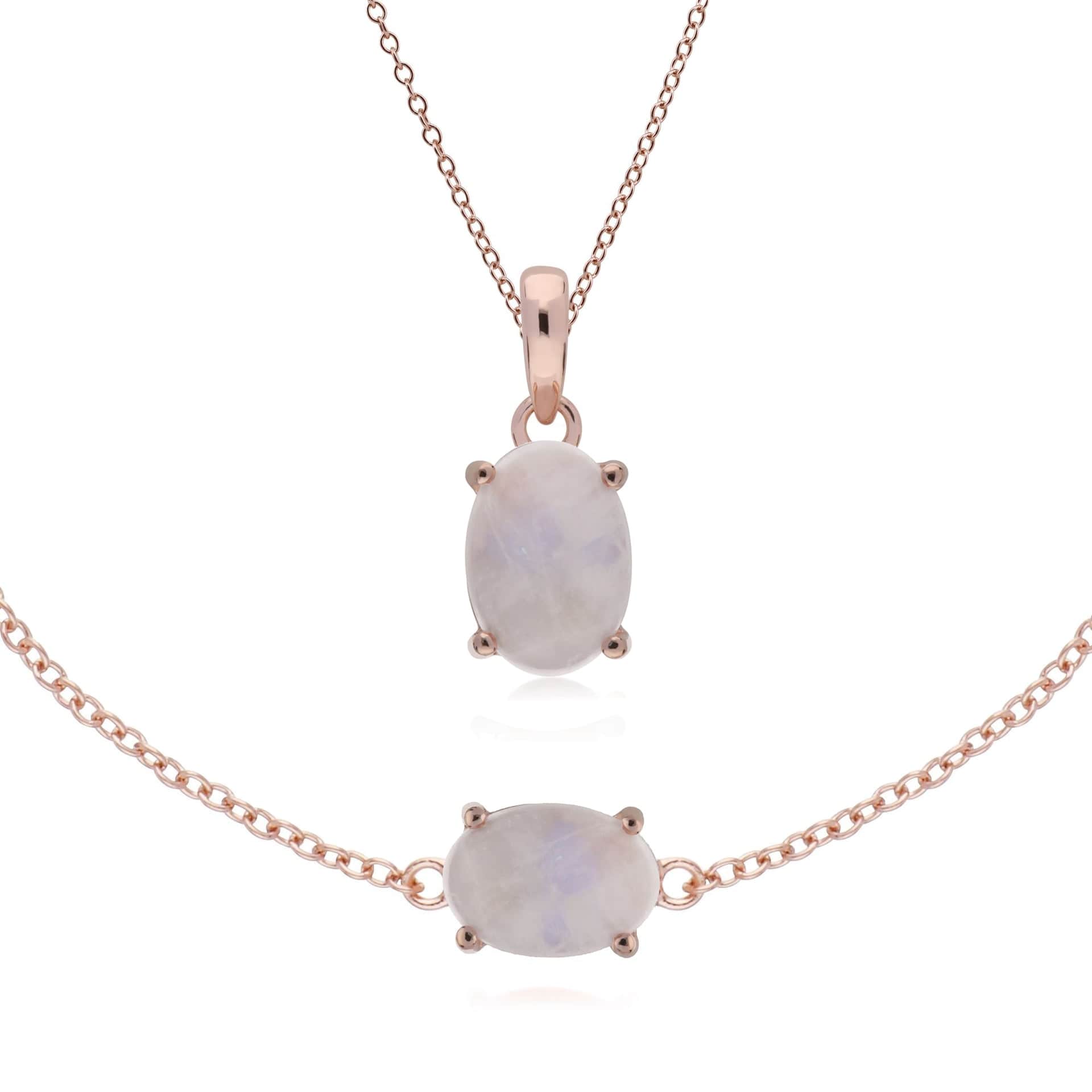 270P023902925-270L010702925 Classic Oval Rainbow Moonstone Bracelet & Pendant Set in Rose Gold Plated 925 Sterling Silver 1