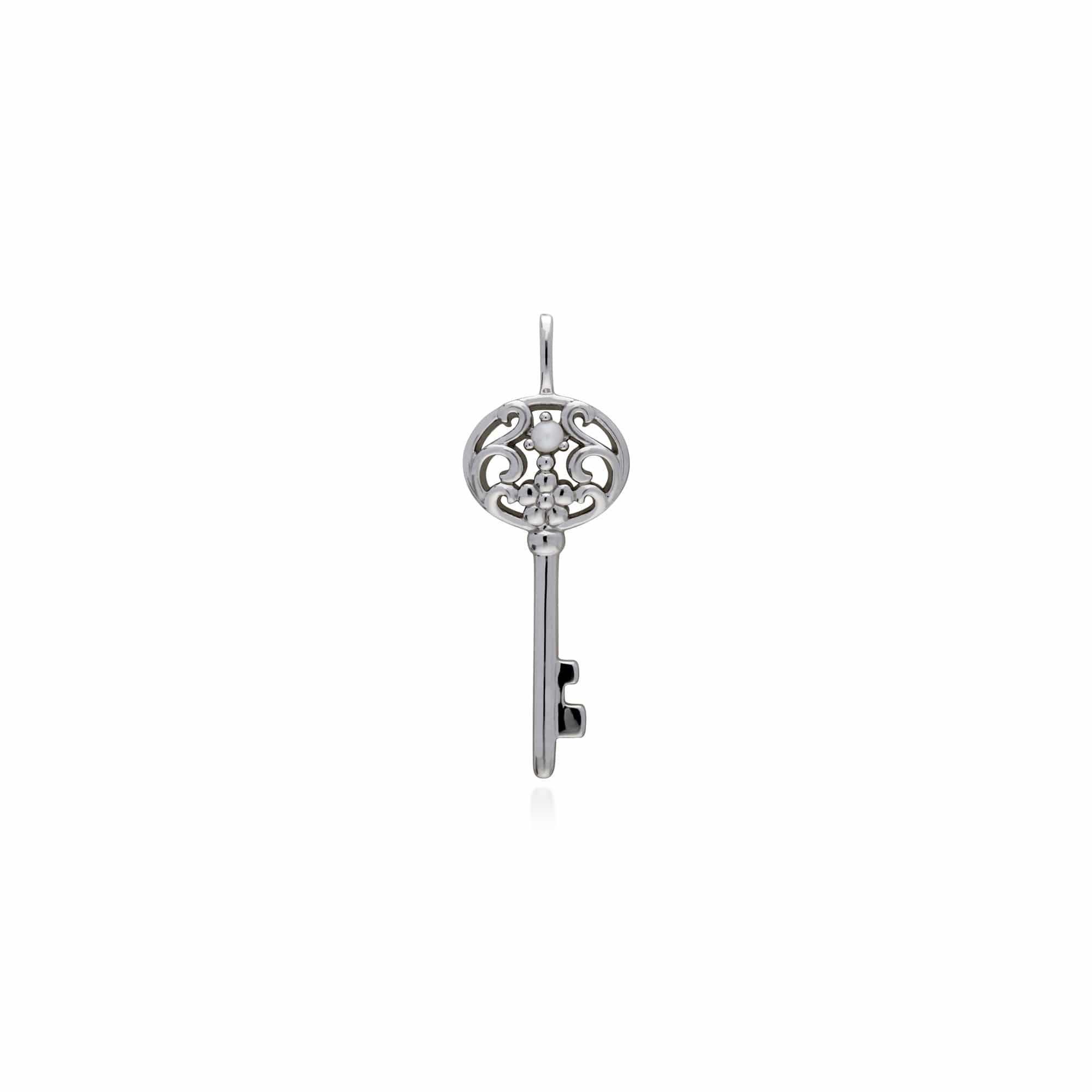 Sterling Silver Pearl Big Key Charm Pendant - Gemondo