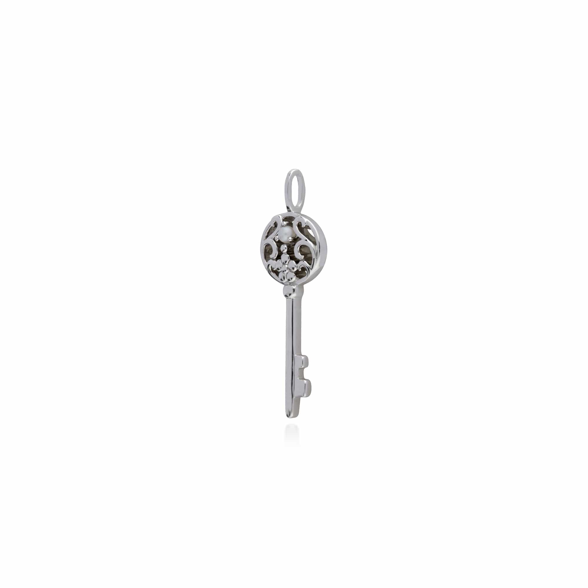 Sterling Silver Pearl Big Key Charm Pendant - Gemondo