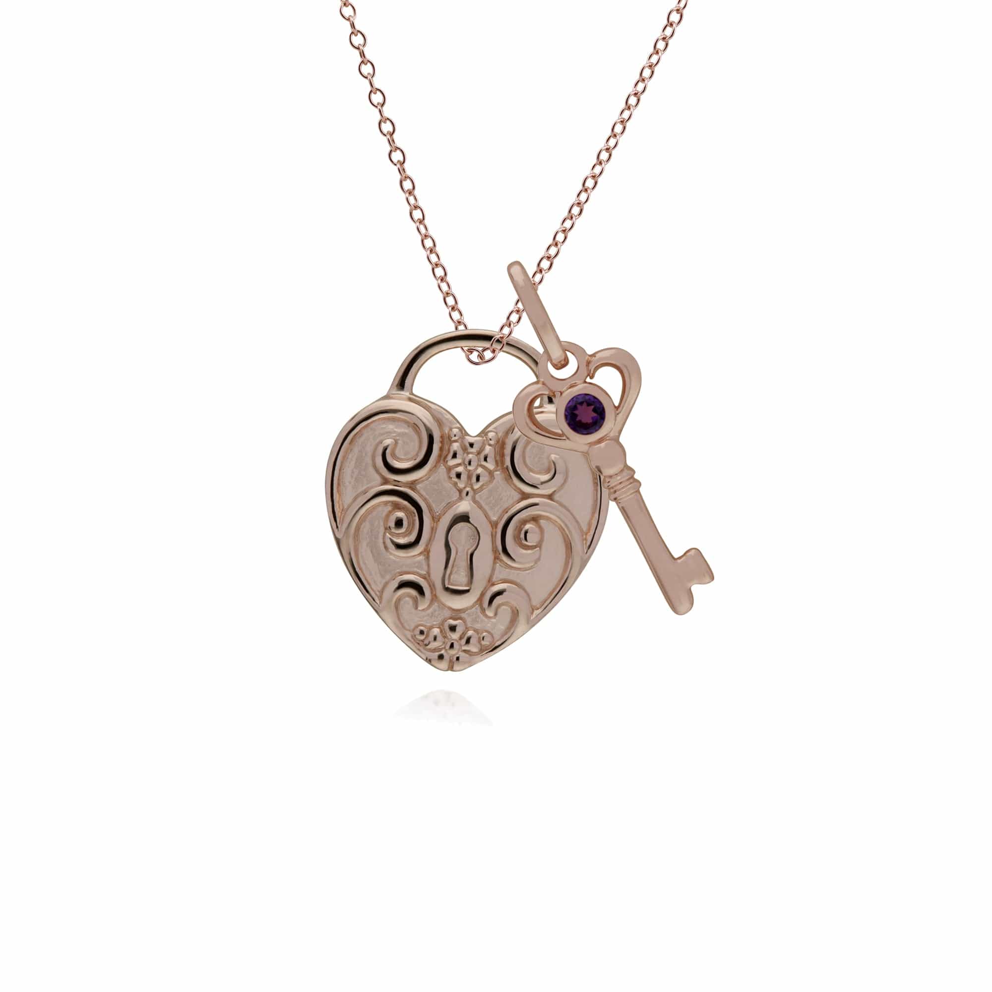 270P026304925-270P026501925 Classic Swirl Heart Lock Pendant & Amethyst Key Charm in Rose Gold Plated 925 Sterling Silver 1