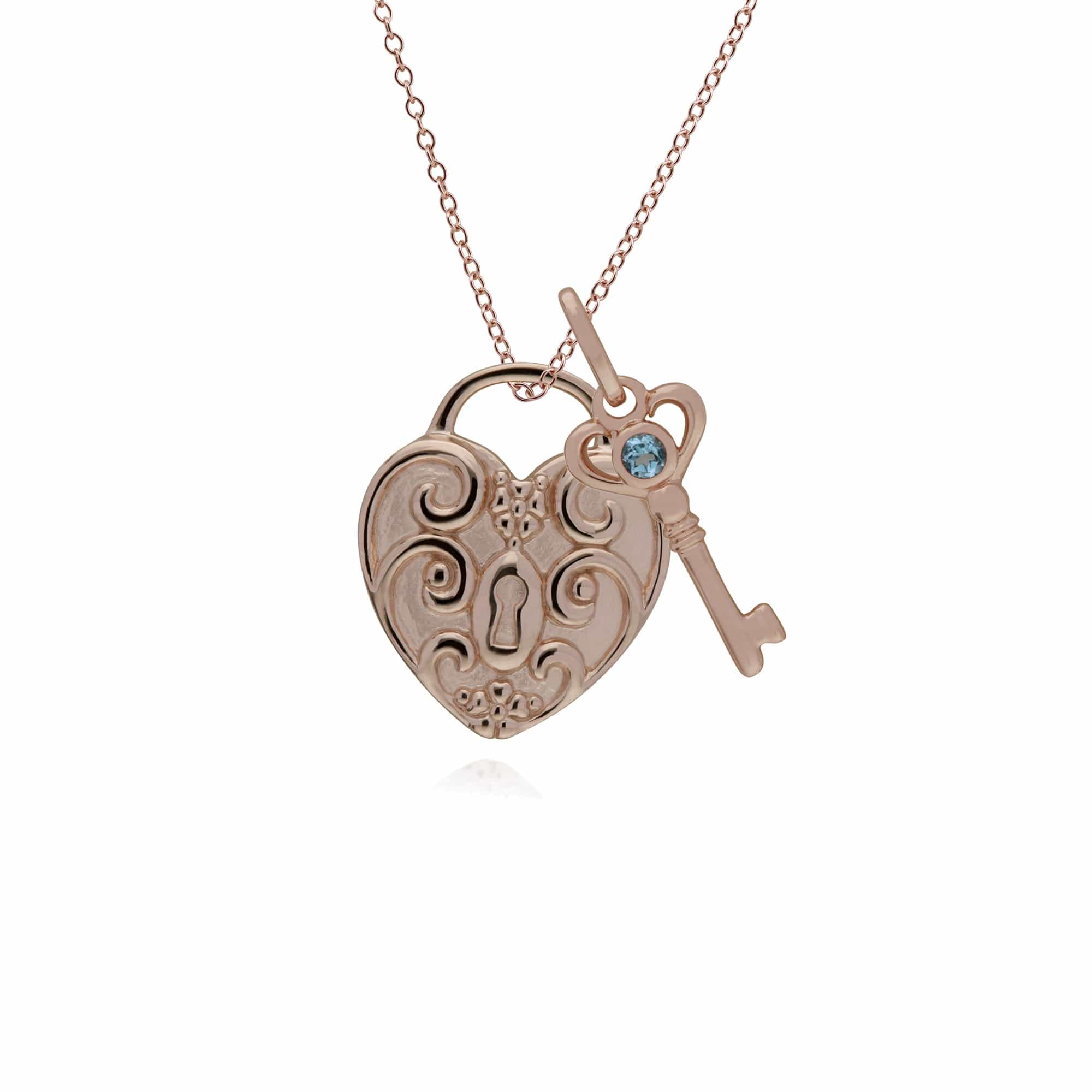 270P026305925-270P026501925 Classic Swirl Heart Lock Pendant & Blue Topaz Key Charm in Rose Gold Plated 925 Sterling Silver 1