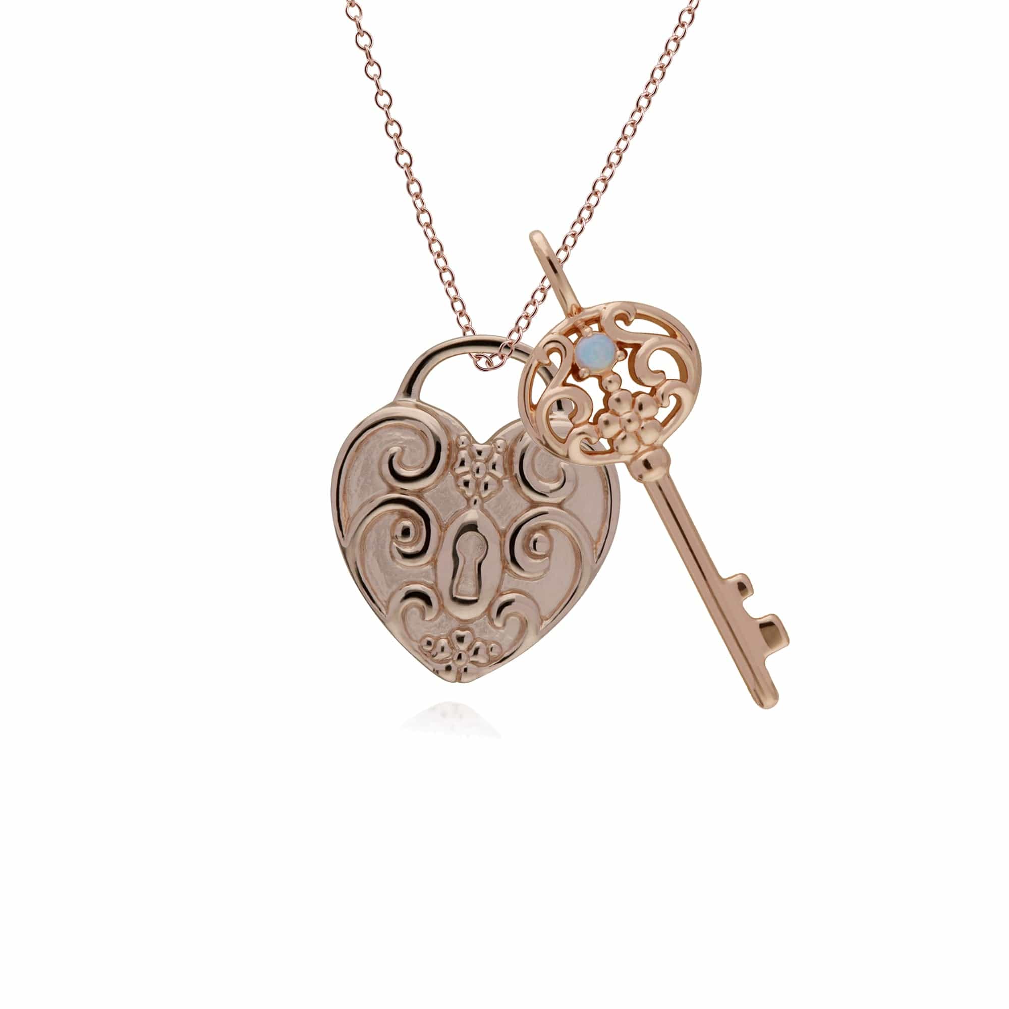 270P026702925-270P026501925 Classic Swirl Heart Lock Pendant & Opal Big Key Charm in Rose Gold Plated 925 Sterling Silver 1