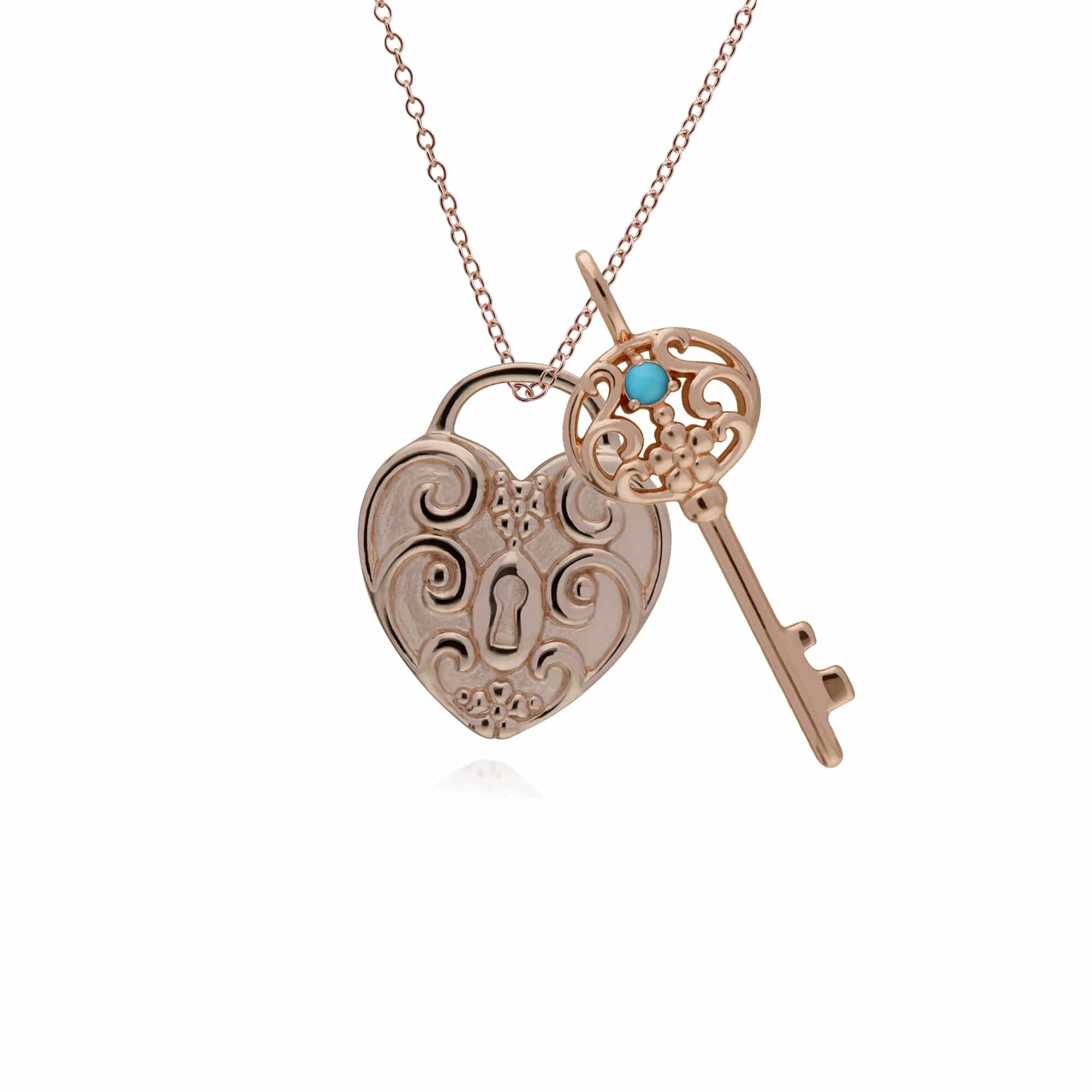 270P026714925-270P026501925 Classic Swirl Heart Lock Pendant & Turquoise Big Key Charm in Rose Gold Plated 925 Sterling Silver 1