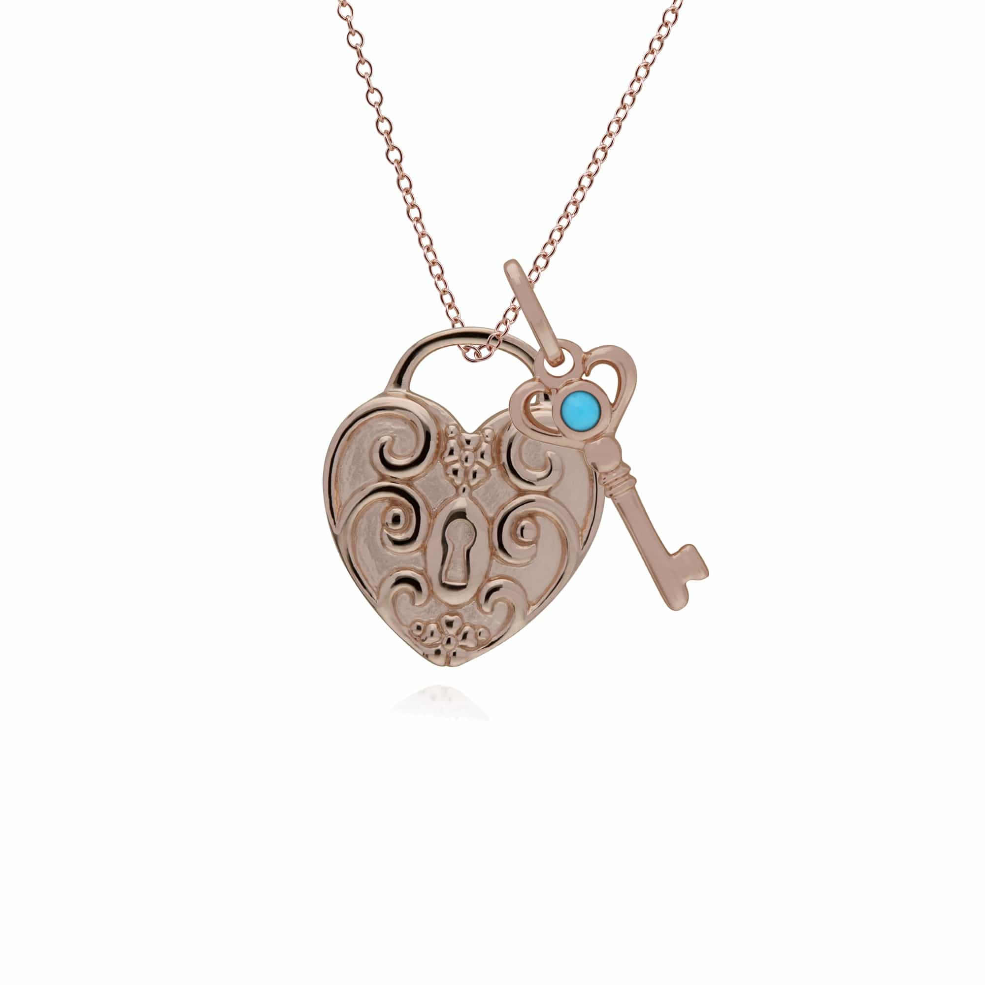 270P027402925-270P026501925 Classic Swirl Heart Lock Pendant & Turquoise Key Charm in Rose Gold Plated 925 Sterling Silver 1
