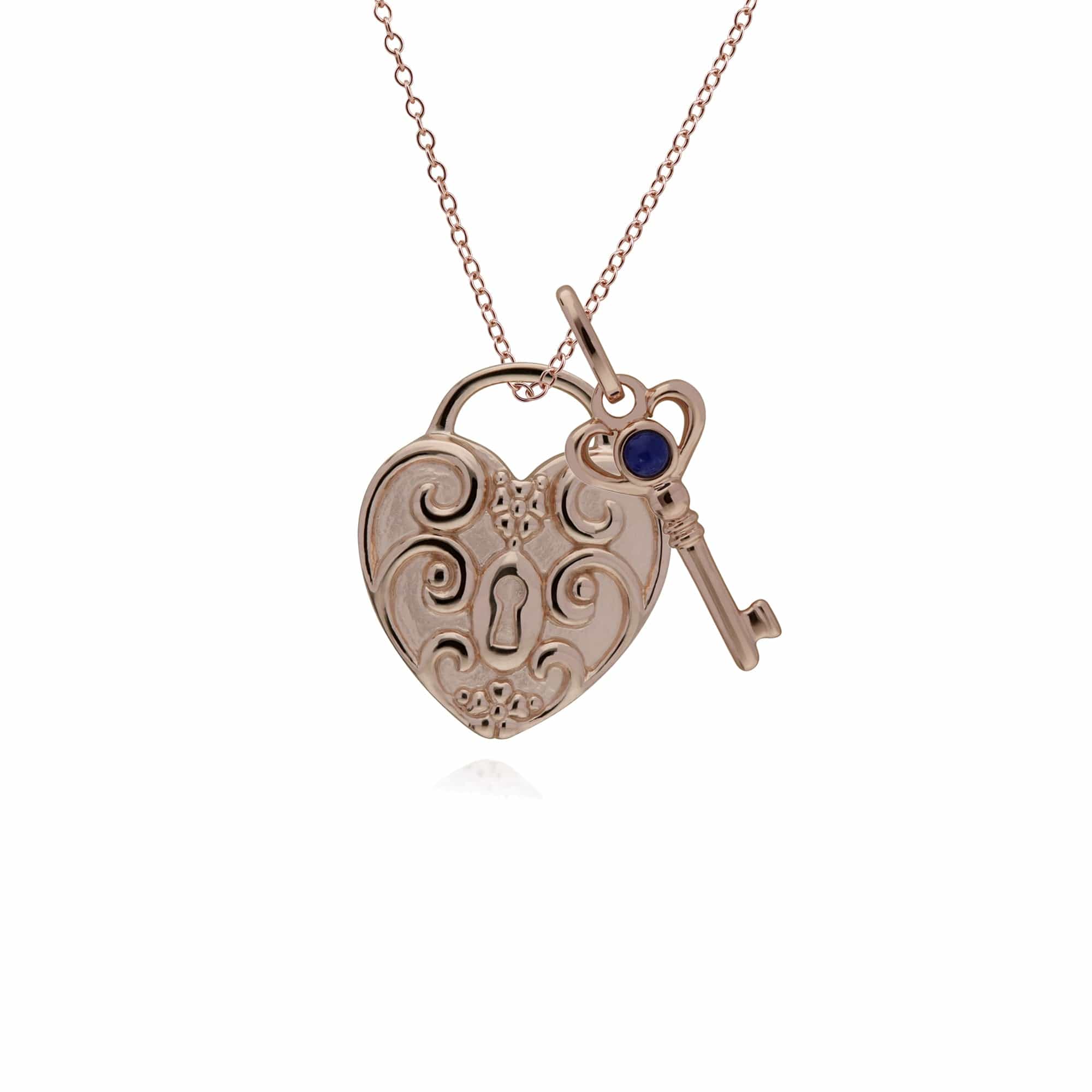 270P027401925-270P026501925 Classic Swirl Heart Lock Pendant & Lapis Lazuli Key Charm in Rose Gold Plated 925 Sterling Silver 1