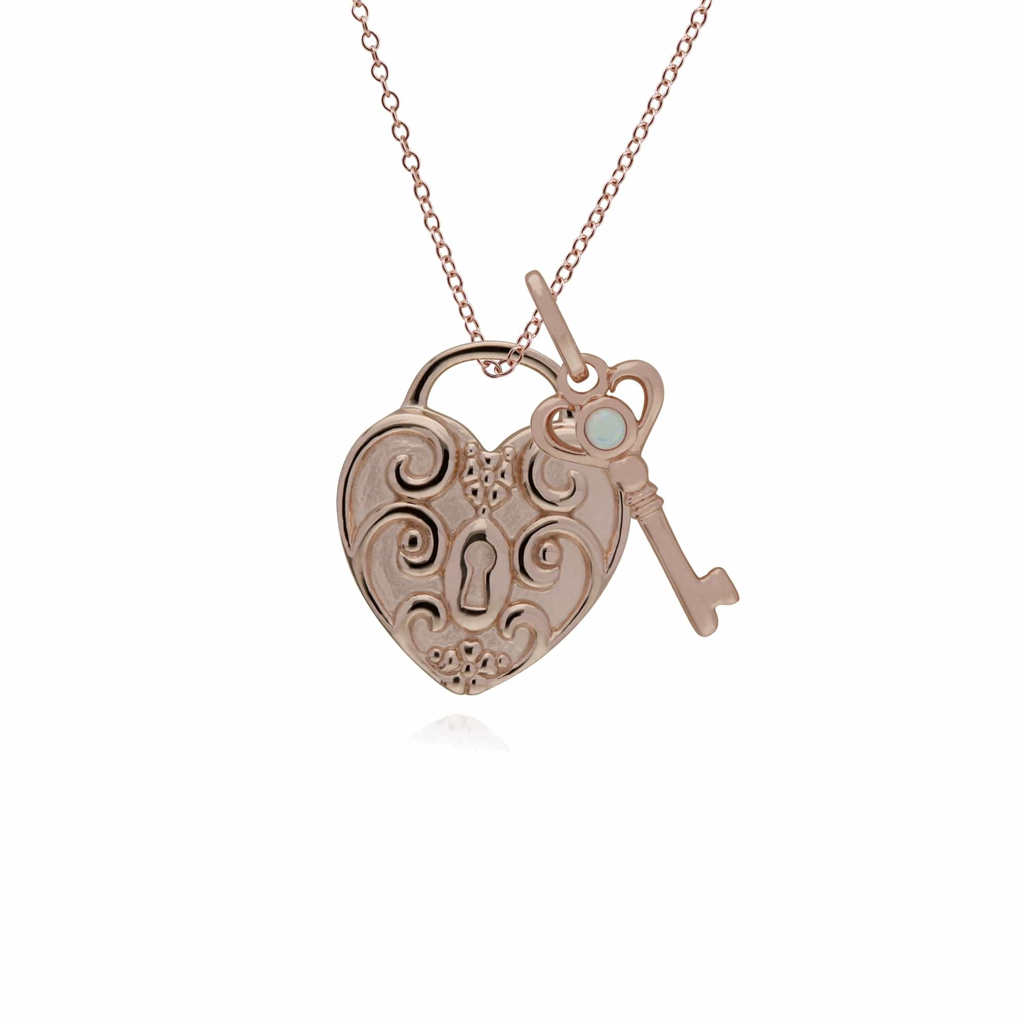 270P028602925-270P026501925 Classic Swirl Heart Lock Pendant & Opal Key Charm in Rose Gold Plated 925 Sterling Silver 1