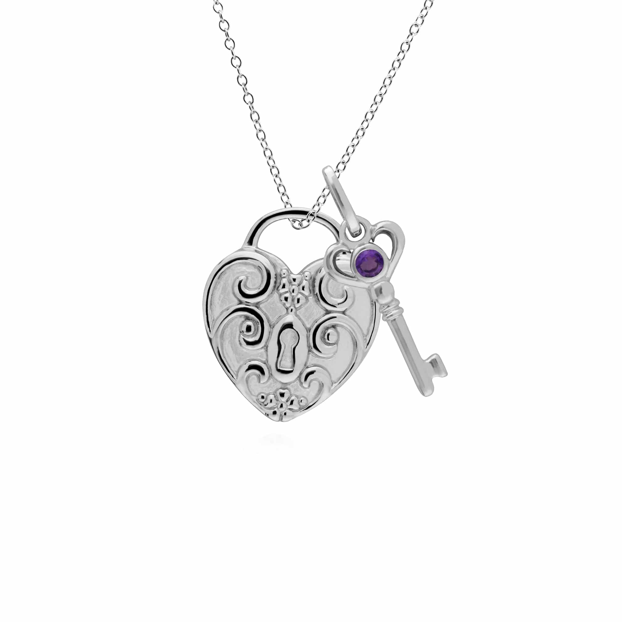 Classic Heart Lock Pendant & Amethyst Key Charm Image 1