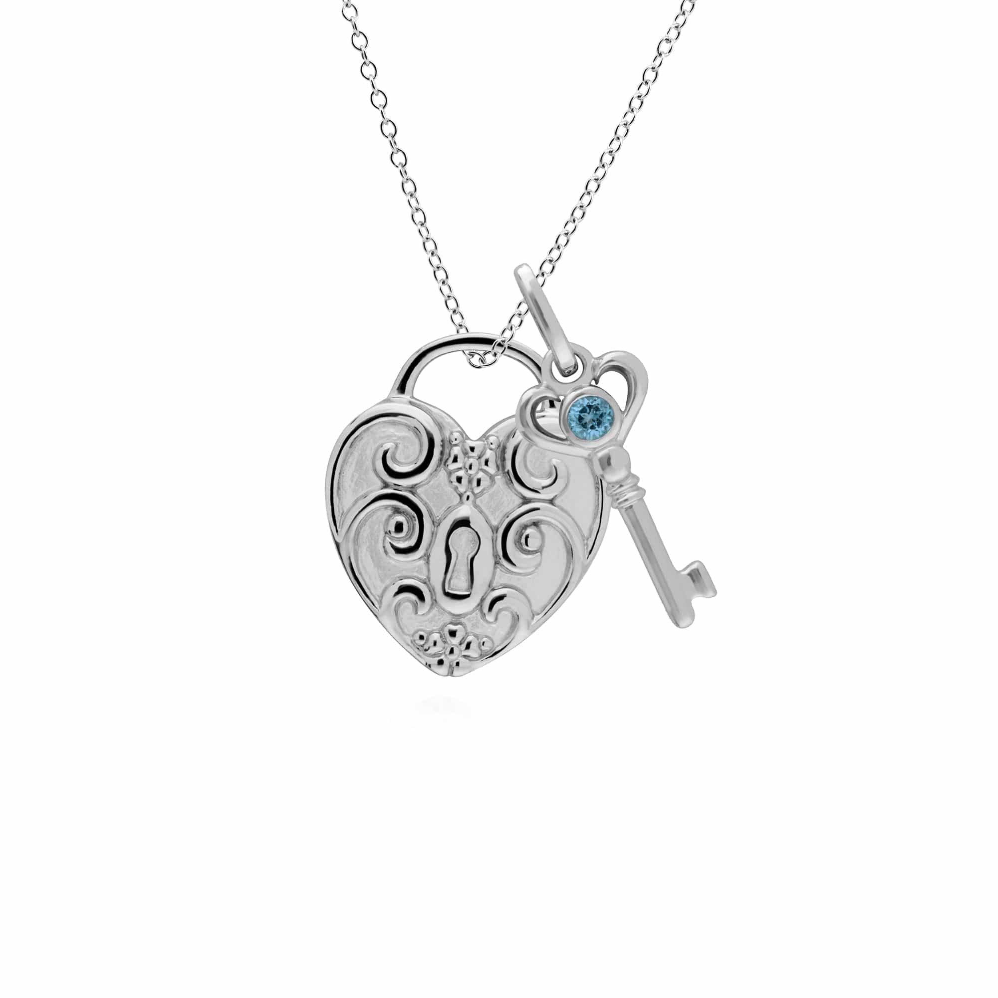 270P026405925-270P026601925 Classic Swirl Heart Lock Pendant & Blue Topaz Key Charm in 925 Sterling Silver 1