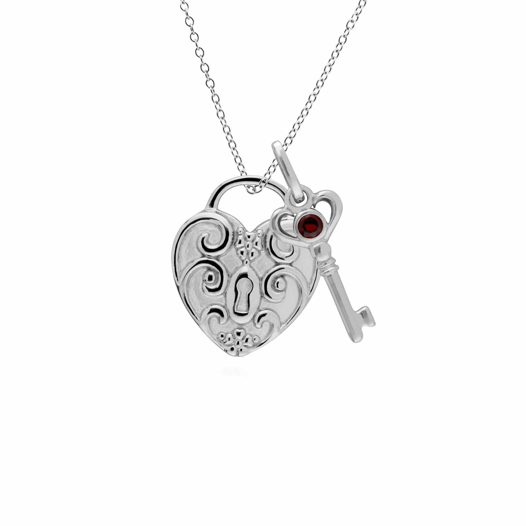 270P026406925-270P026601925 Classic Swirl Heart Lock Pendant & Garnet Key Charm in 925 Sterling Silver 1