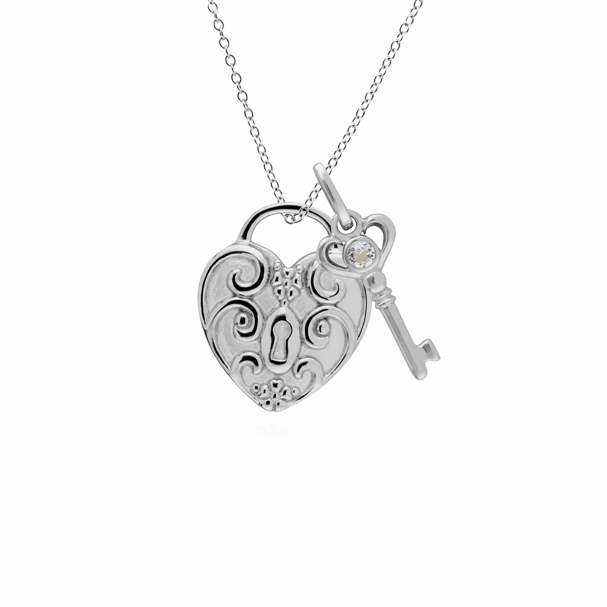 270P026409925-270P026601925 Classic Swirl Heart Lock Pendant & Clear Topaz Key Charm in 925 Sterling Silver 1