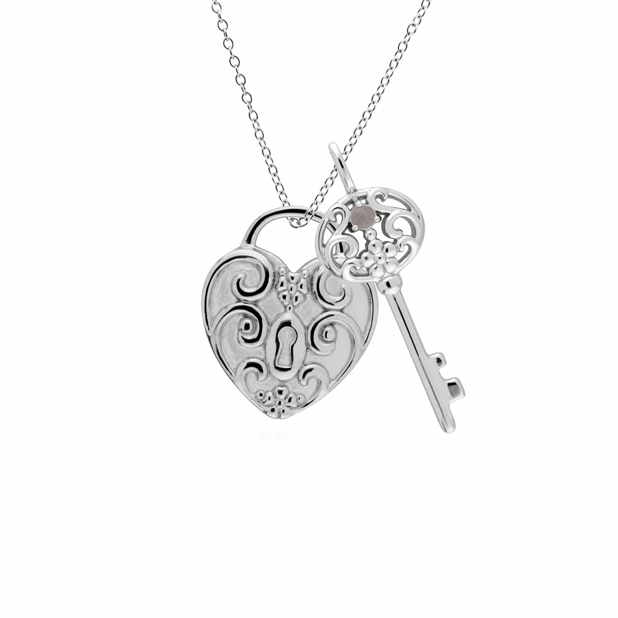 Classic Heart Lock Pendant & Rainbow Moonstone Big Key Charm Image 1