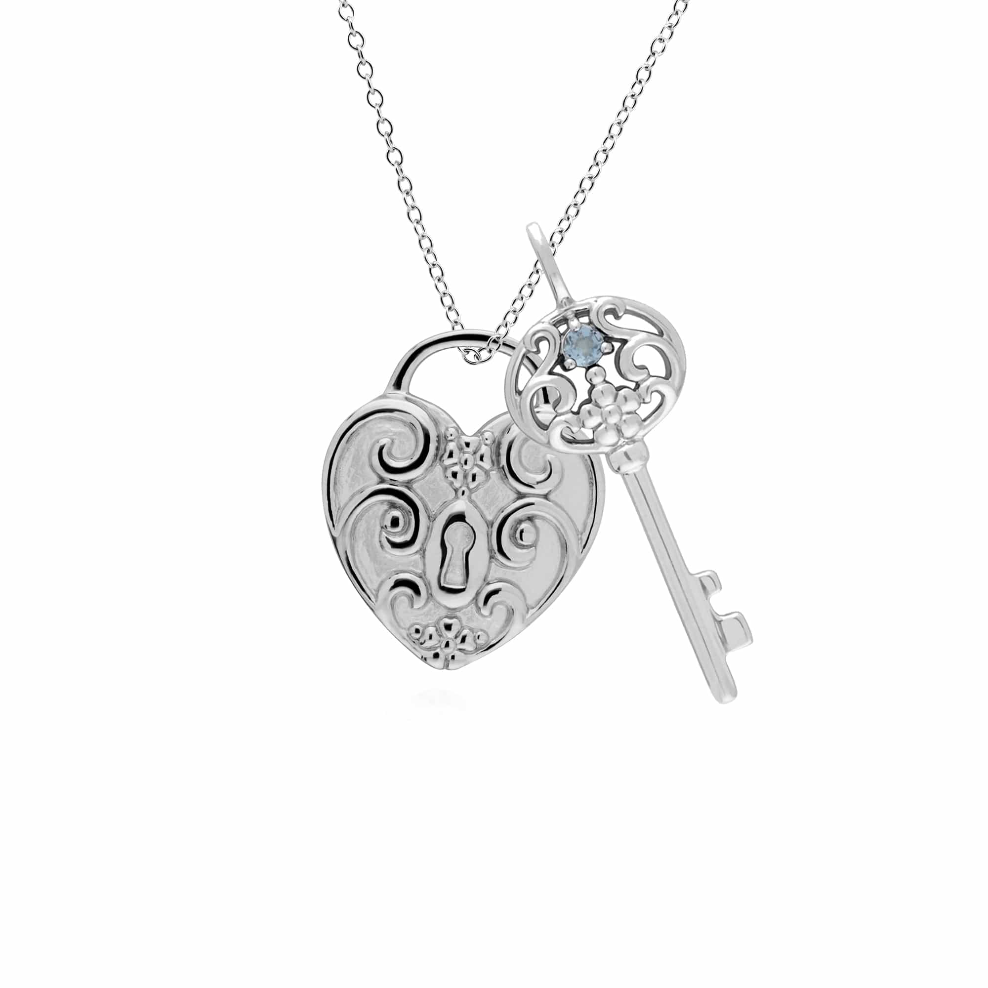 270P026813925-270P026601925 Classic Swirl Heart Lock Pendant & Aquamarine Big Key Charm in 925 Sterling Silver 1