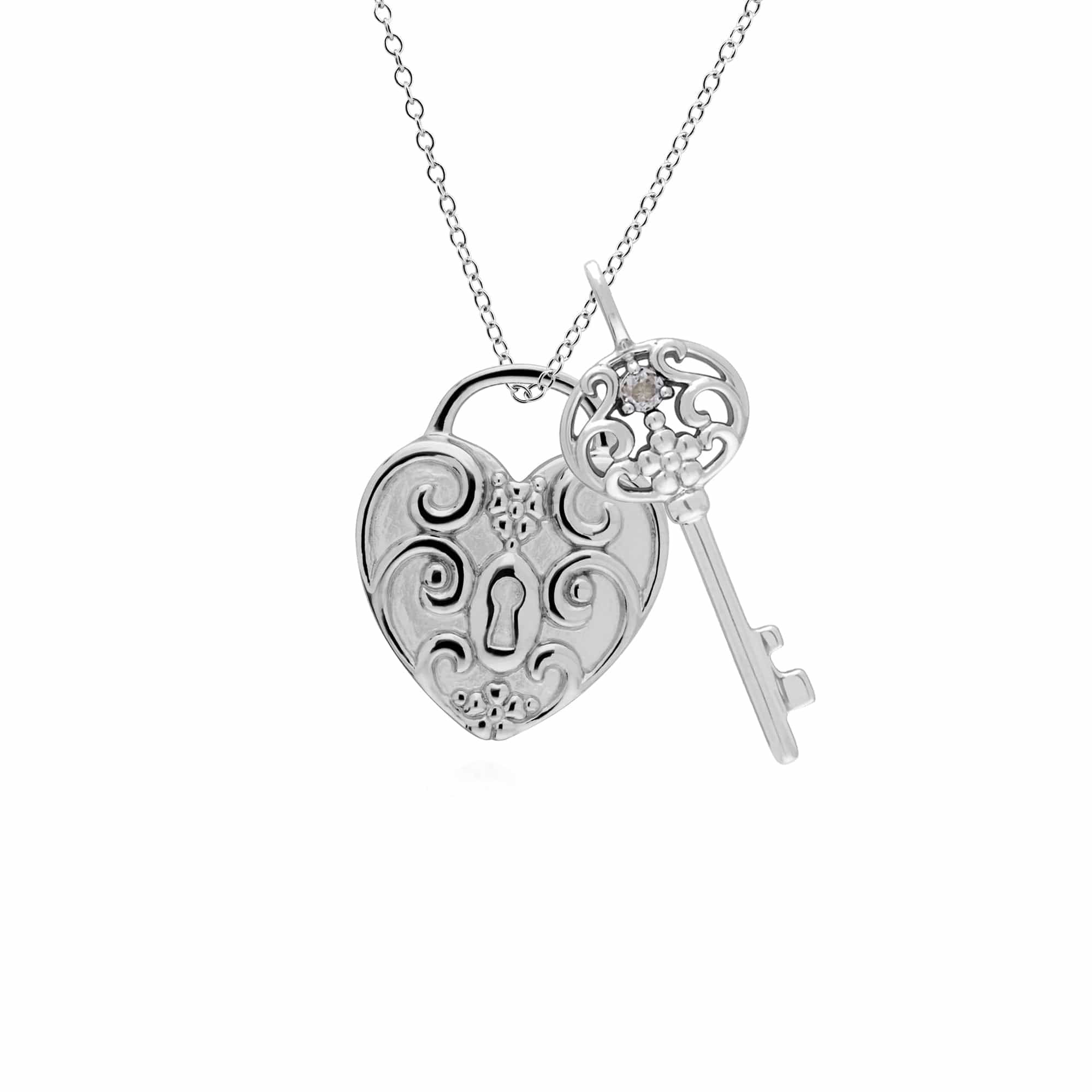270P026814925-270P026601925 Classic Swirl Heart Lock Pendant & Clear Topaz Big Key Charm in 925 Sterling Silver 1