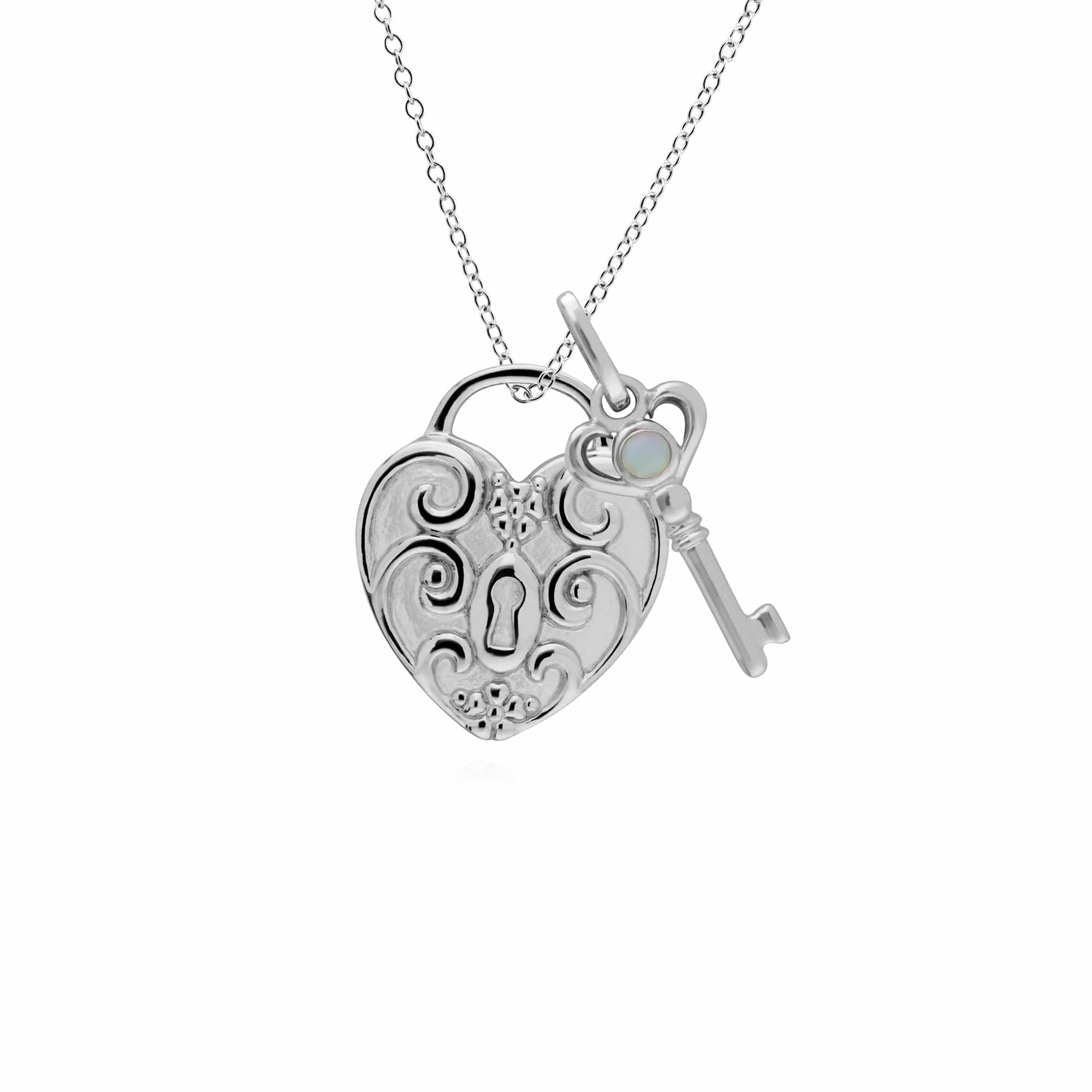 270P027503925-270P026601925 Classic Swirl Heart Lock Pendant & Opal Key Charm in 925 Sterling Silver 1