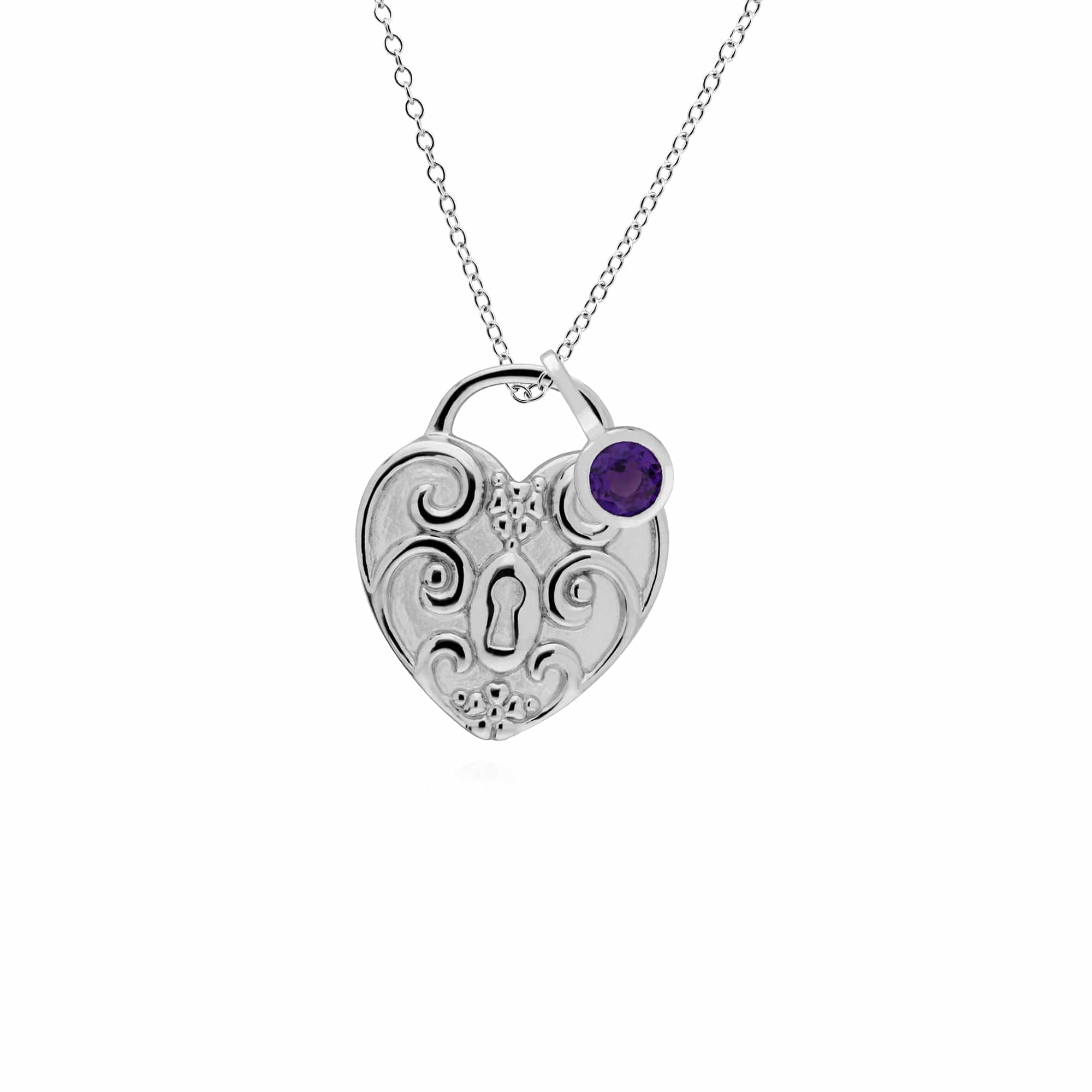 270P027603925-270P026601925 Classic Swirl Heart Lock Pendant & Amethyst Charm in 925 Sterling Silver 1