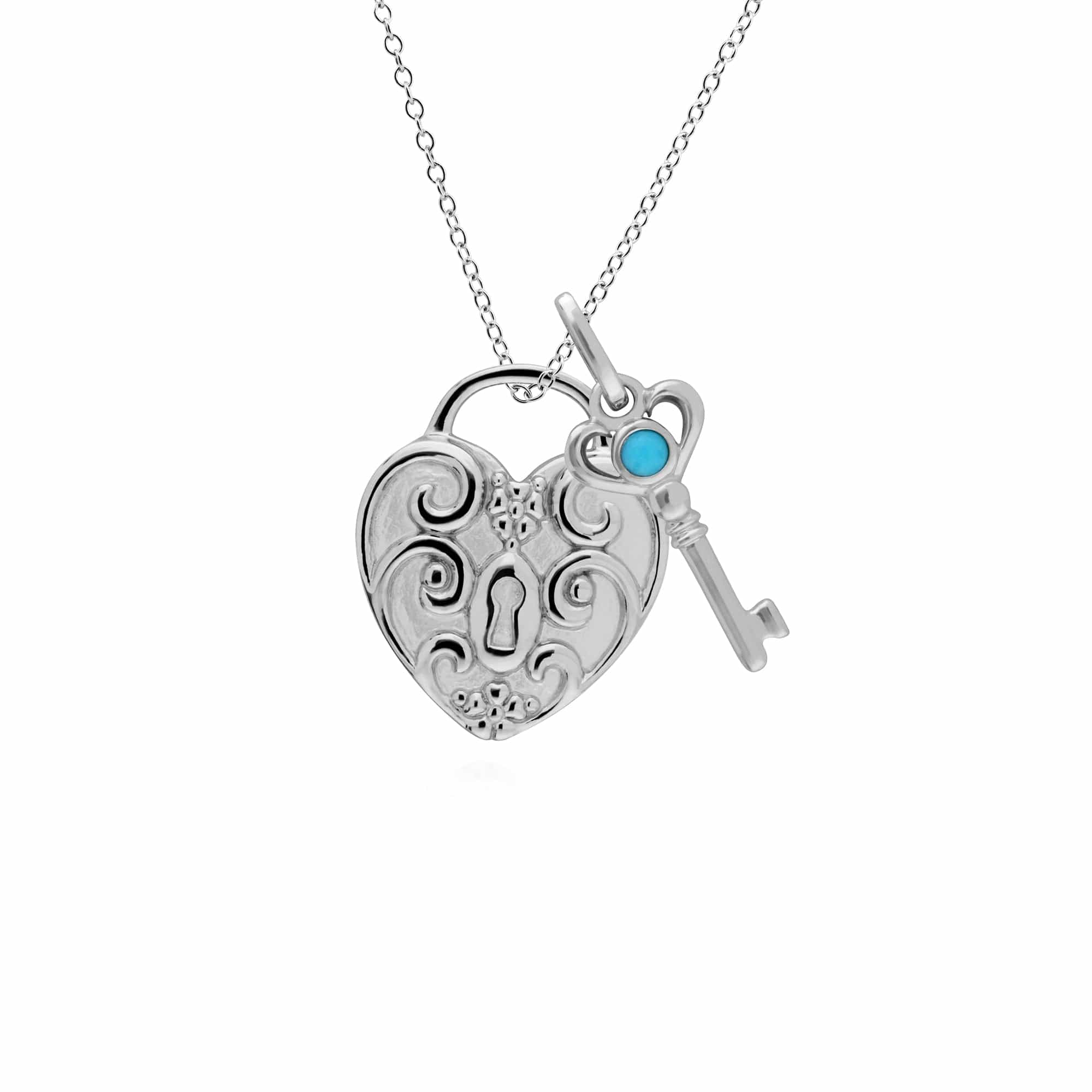 270P028301925-270P026601925 Classic Swirl Heart Lock Pendant & Turquoise Key Charm in 925 Sterling Silver 1