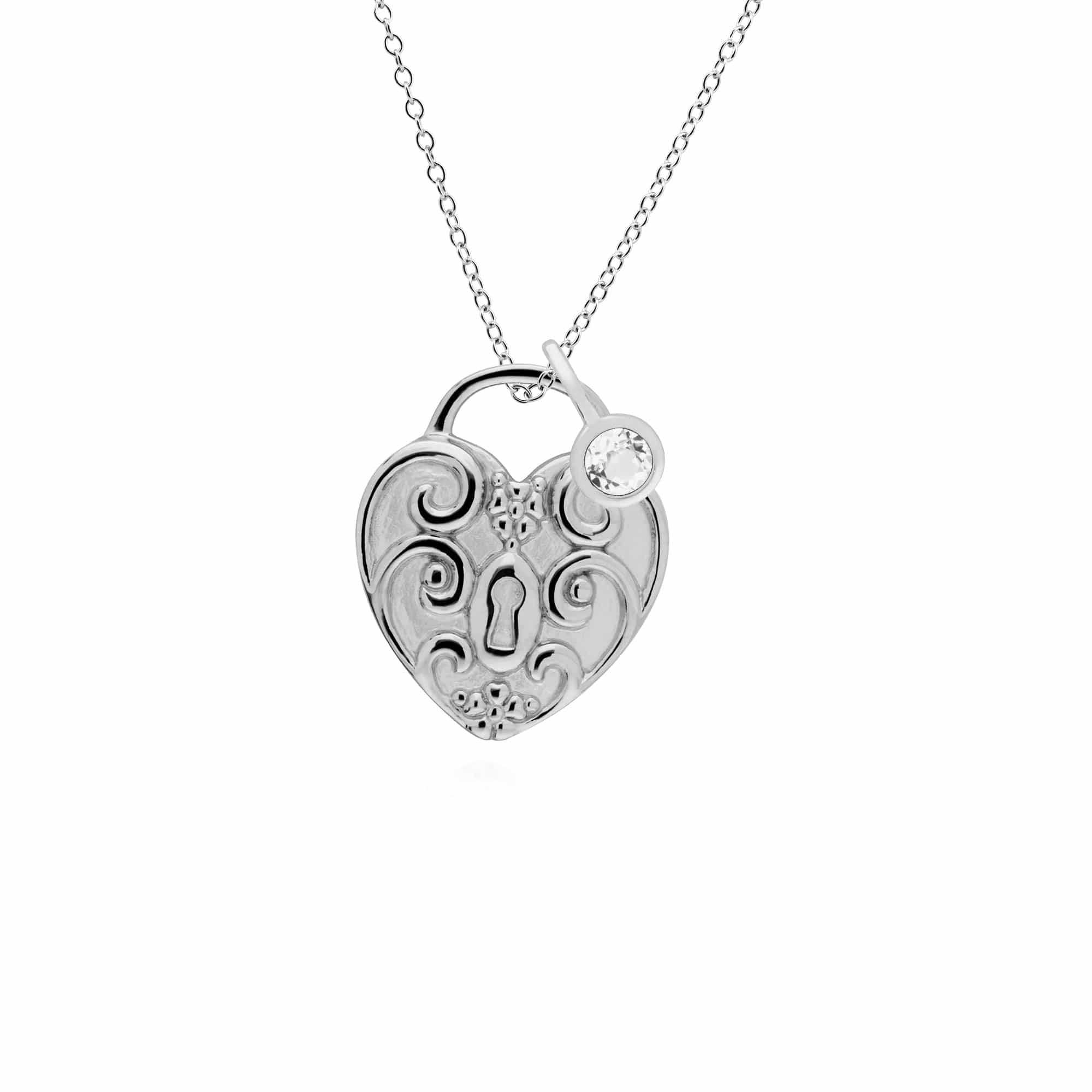 270P027608925-270P026601925 Classic Swirl Heart Lock Pendant & Clear Topaz Charm in 925 Sterling Silver 1