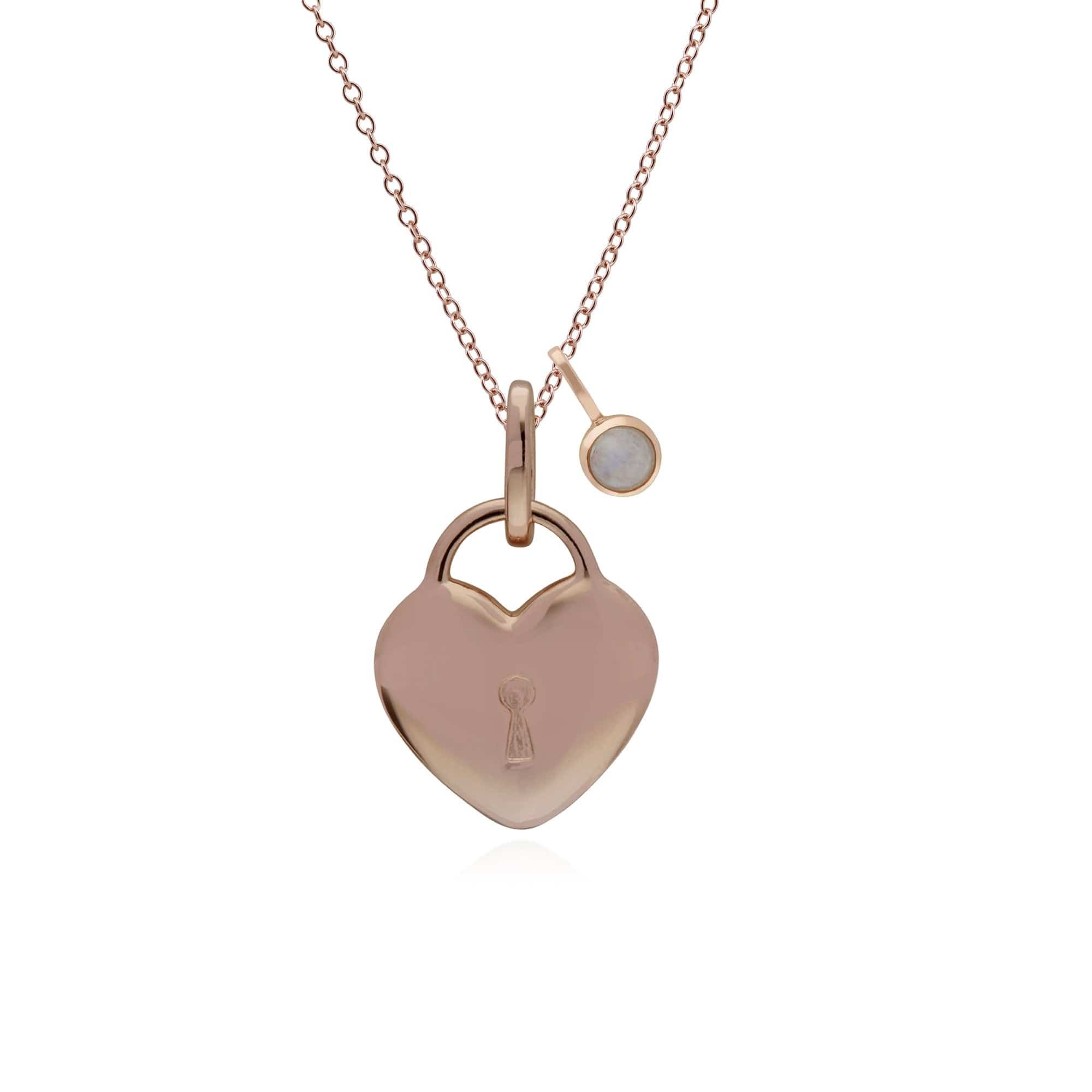 270P025902925-270P026901925 Classic Plain Heart Lock Pendant & Rainbow Moonstone Charm in Rose Gold Plated 925 Sterling Silver 1