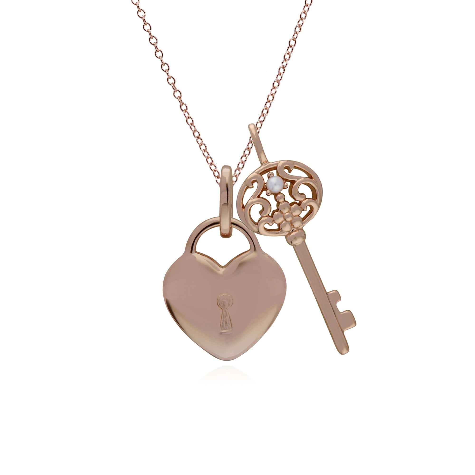 270P026101925-270P026901925 Classic Heart Lock Pendant & Pearl Big Key Charm in Rose Gold Plated 925 Sterling Silver 1