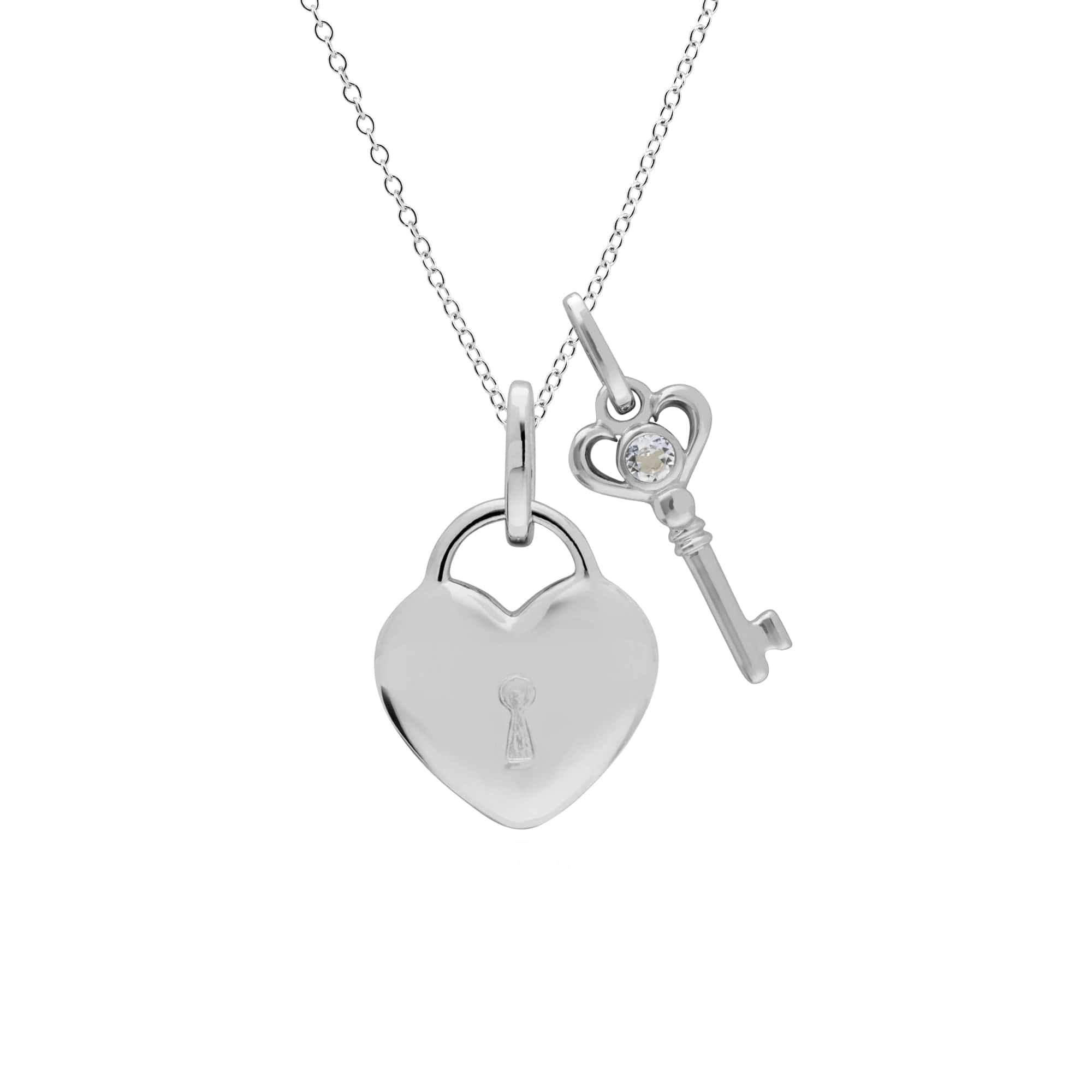 270P026409925-270P027001925 Classic Heart Lock Pendant & Clear Topaz Key Charm in 925 Sterling Silver 1