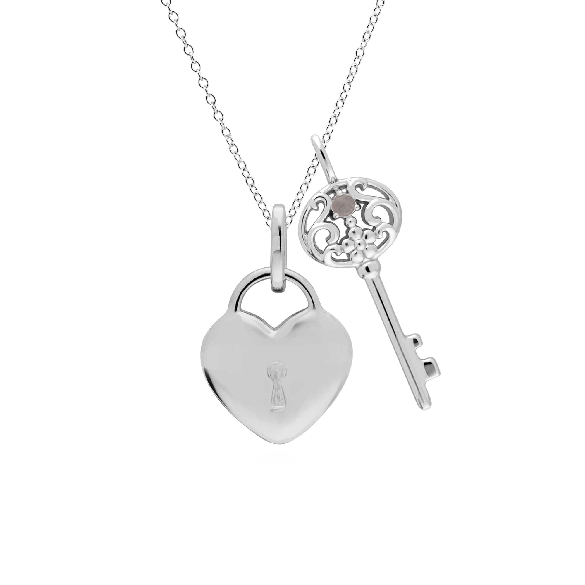 Classic Heart Lock Pendant & Rainbow Moonstone Big Key Charm Image 1