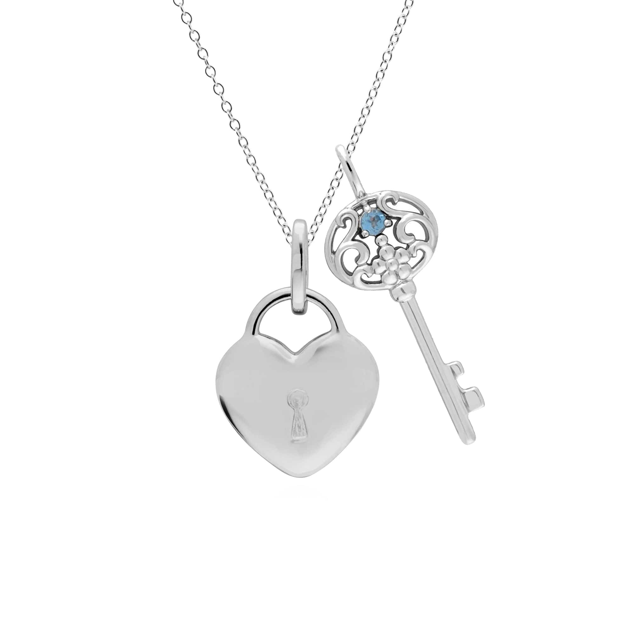270P026809925-270P027001925 Classic Heart Lock Pendant & Blue Topaz Big Key Charm in 925 Sterling Silver 1