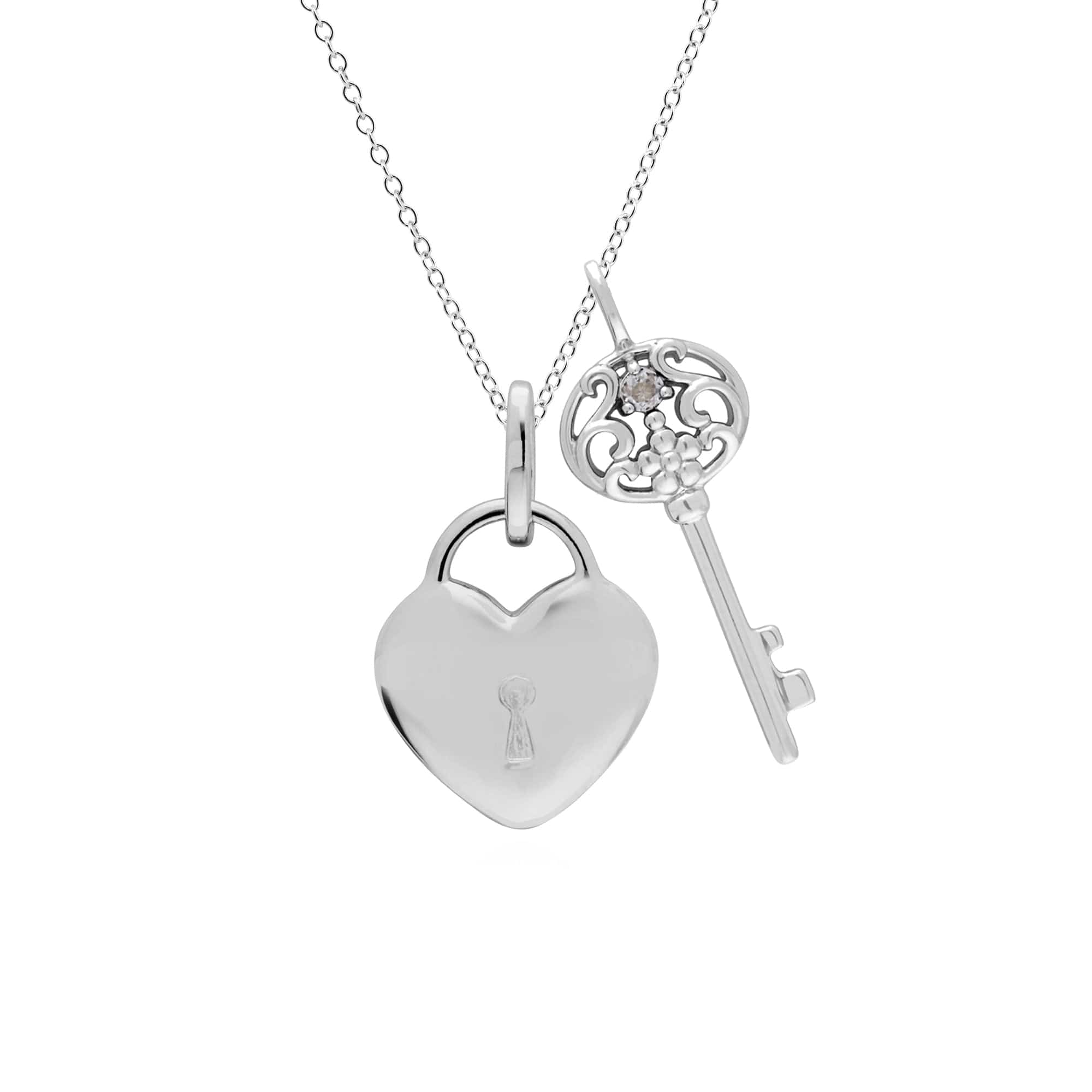 Classic Heart Lock Pendant & Clear Topaz Big Key Charm Image 1