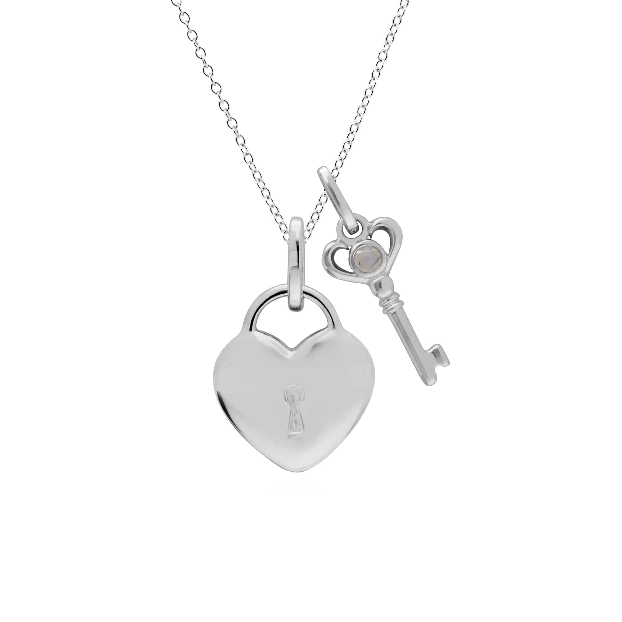 Classic Heart Lock Pendant & Rainbow Moonstone Key Charm Image 1