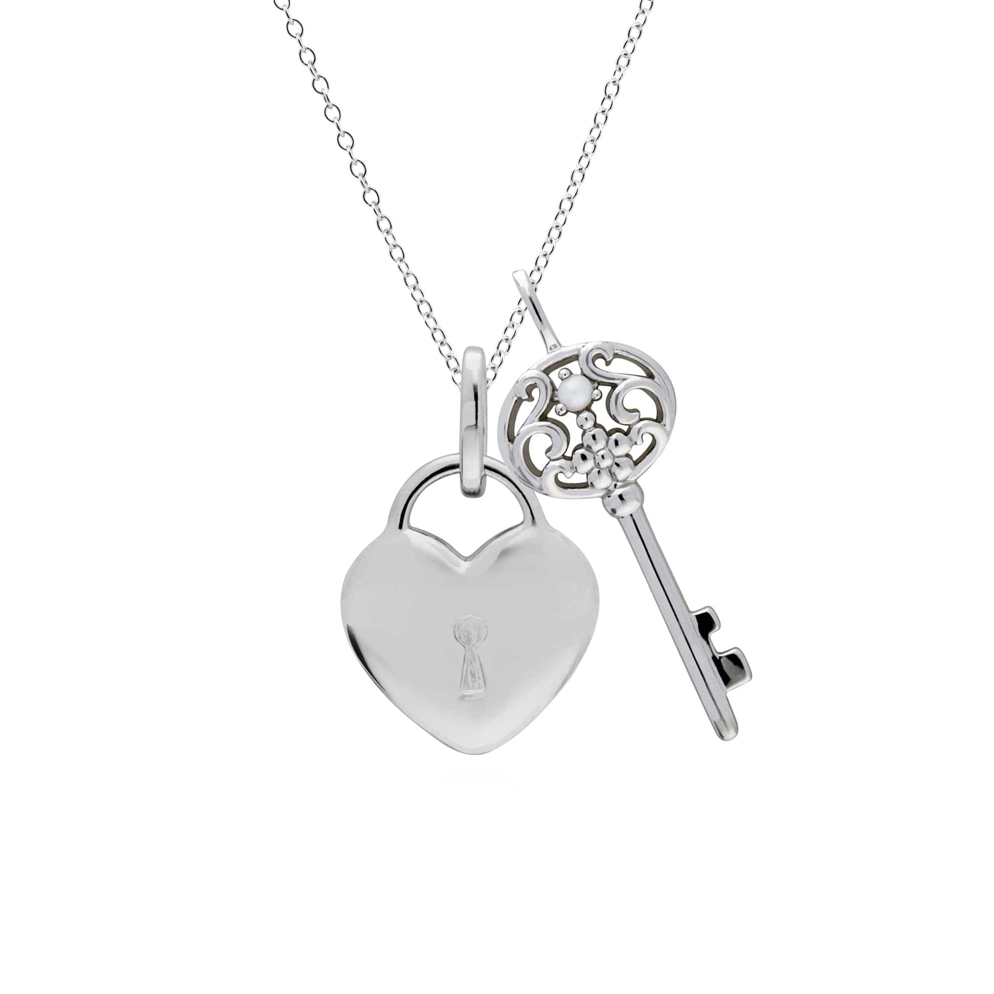 270P026201925-270P027001925 Classic Heart Lock Pendant & Pearl Big Key Charm in 925 Sterling Silver 1