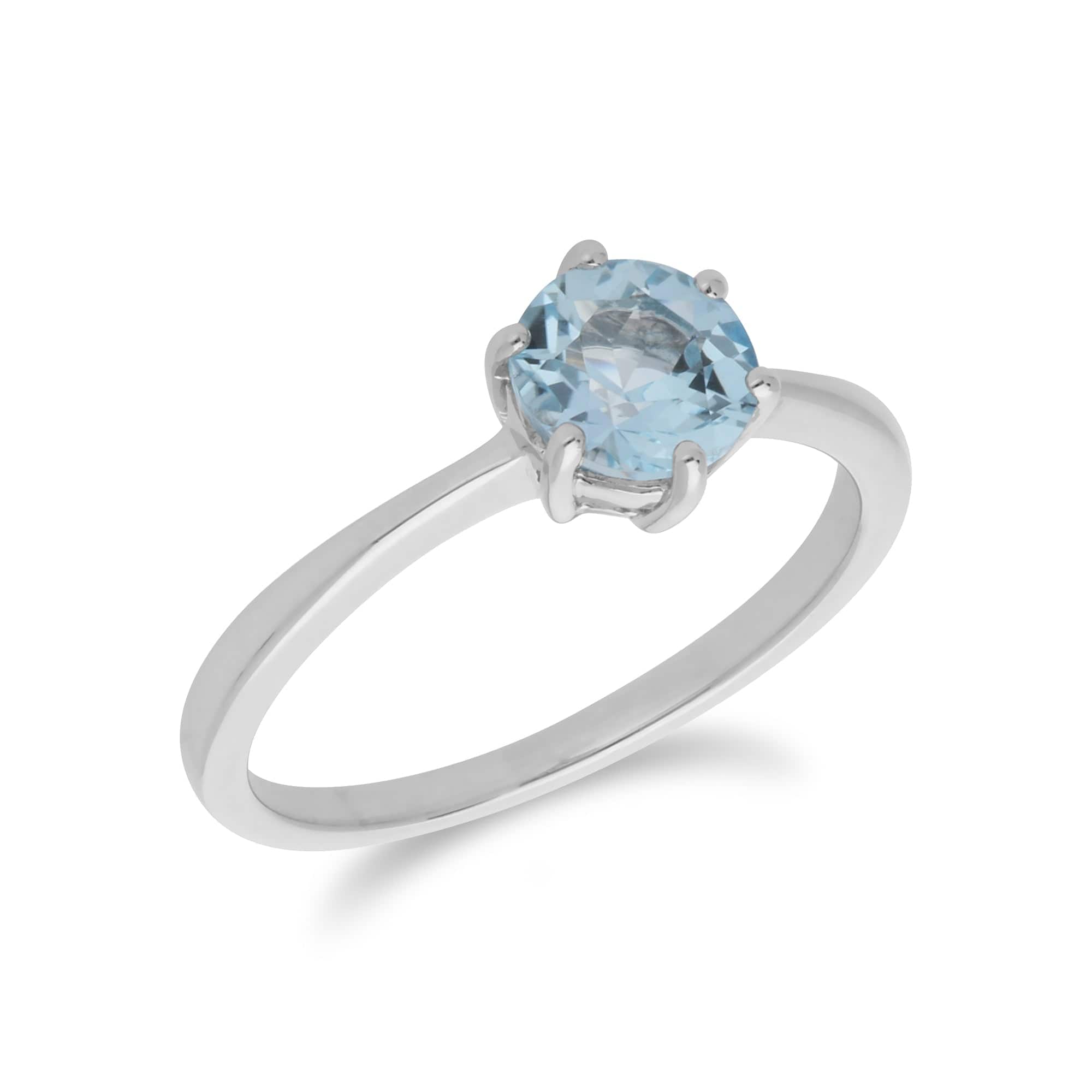 Classic Round Blue Topaz Claw Set Single Stone Ring in 925 Sterling Silver - Gemondo