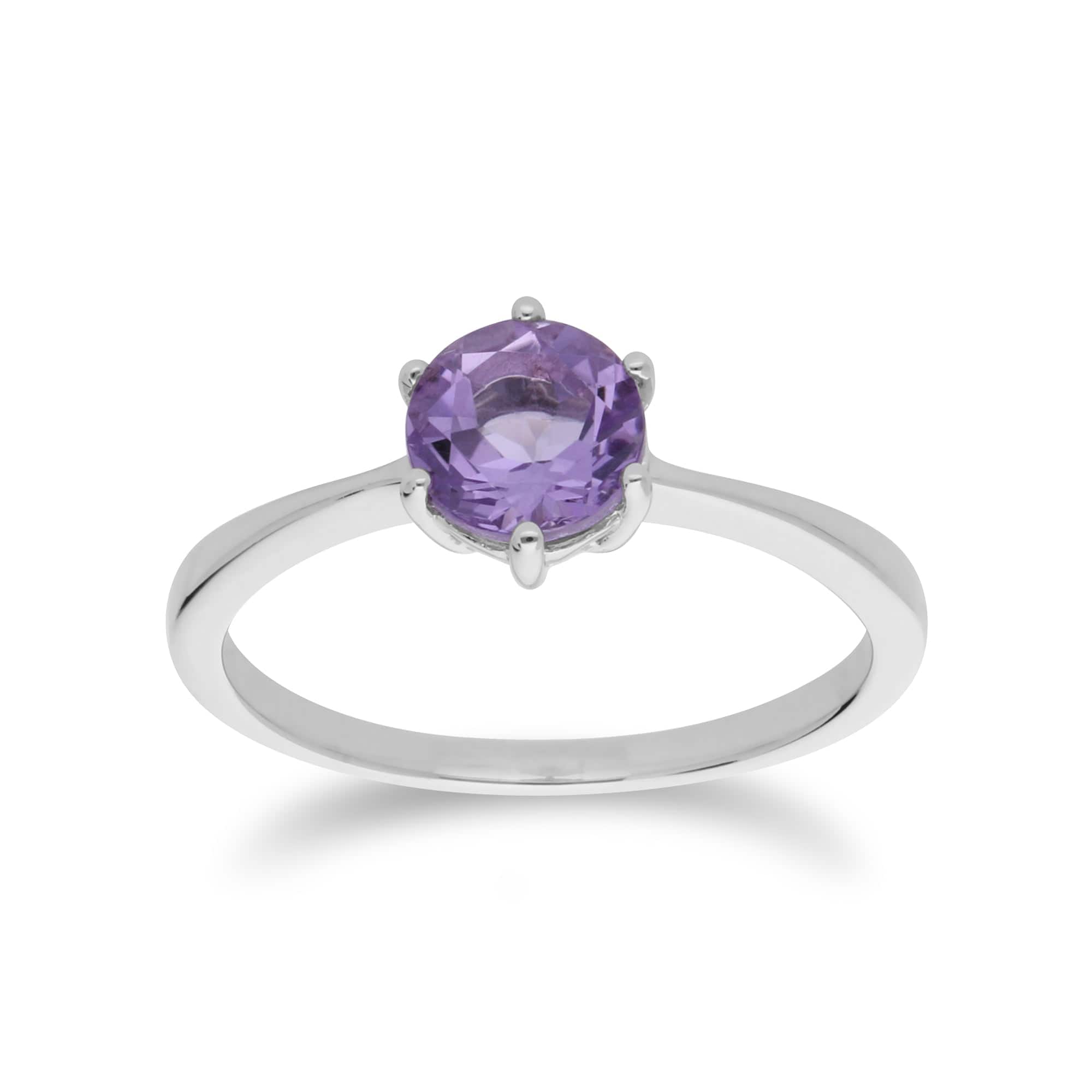 Classic Round Amethyst Claw Set Single Stone Ring in 925 Sterling Silver - Gemondo
