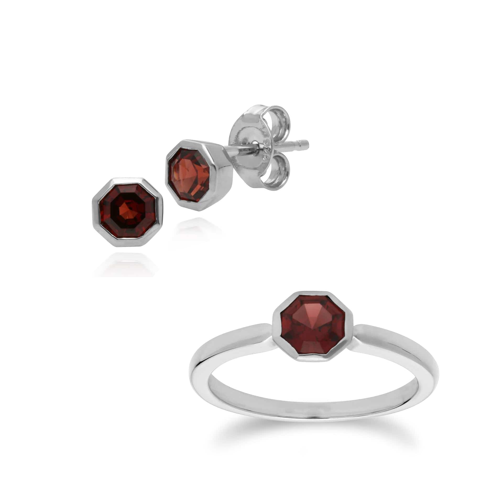 Geometric Garnet Bezel Stud Earrings & Ring Set Image 1
