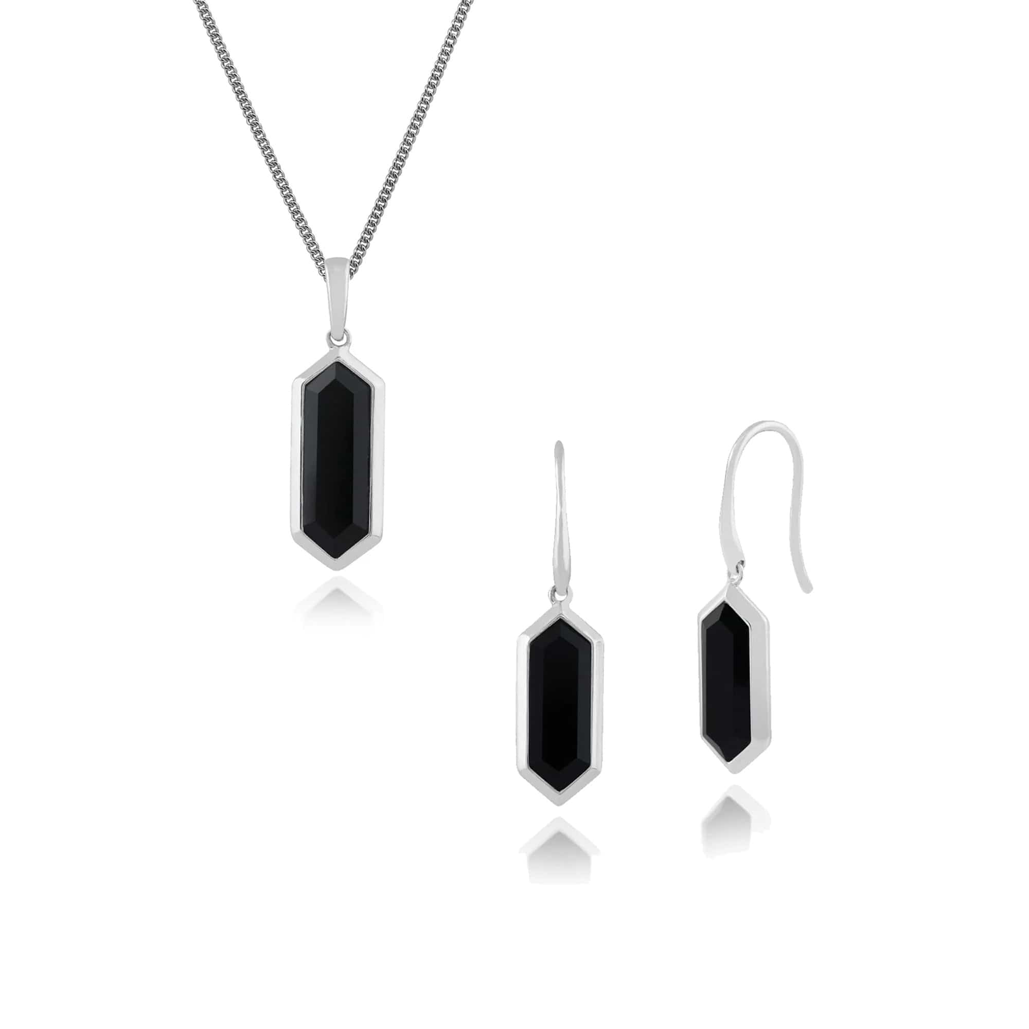 Geometric Hexagon Black Onyx Hexagonal Prism Drop Earrings & Necklace Set in 925 Sterling Silver - Gemondo