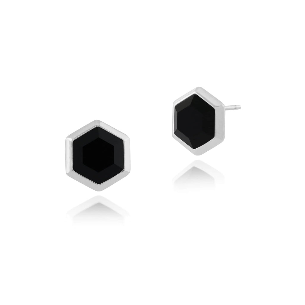Geometric Hexagon Onyx Stud Earrings 925 Sterling Silver