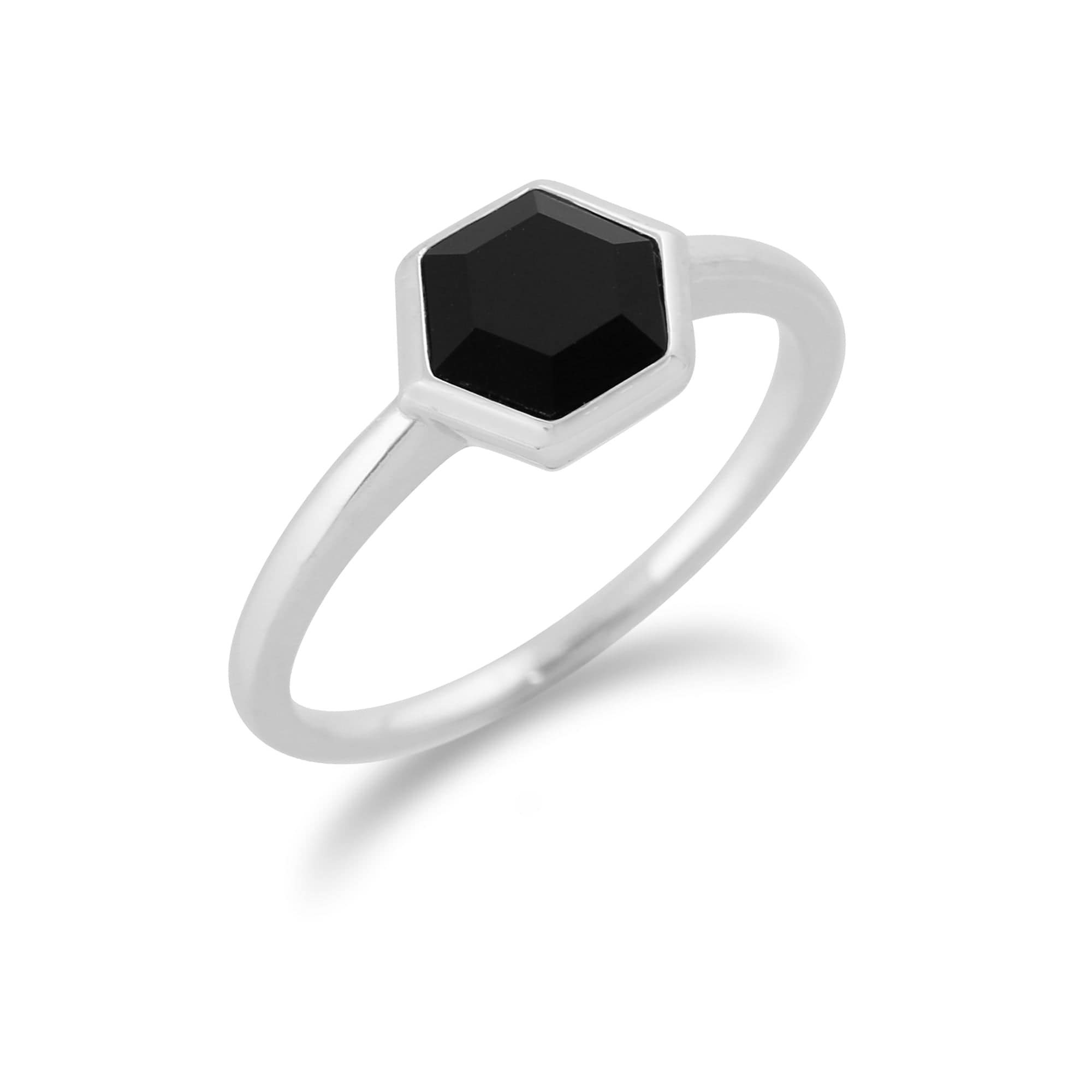 Geometric Hexagon Black Onyx Sterling Silver Ring