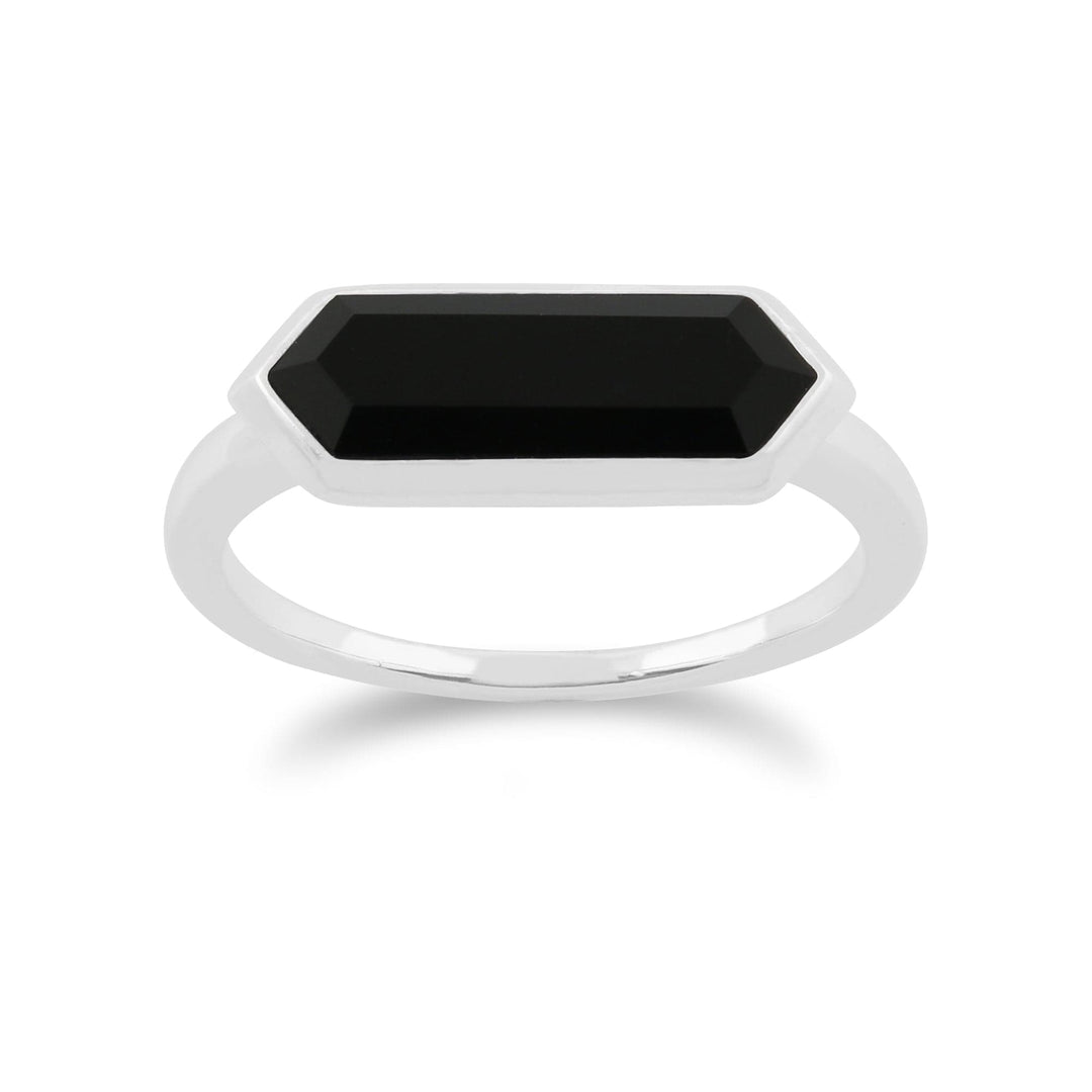 Geometric Hexagon Black Onyx Prism Ring in Sterling Silver