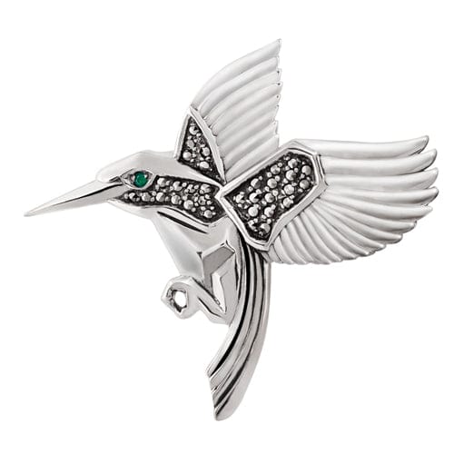 Art Nouveau Style Round Marcasite Hummingbird Brooch in 925 Sterling Silver - Gemondo