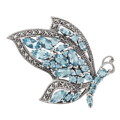 Art Nouveau Style Marquise Blue Topaz & Marcasite Flying Butterfly Brooch in 925 Sterling Silver - Gemondo