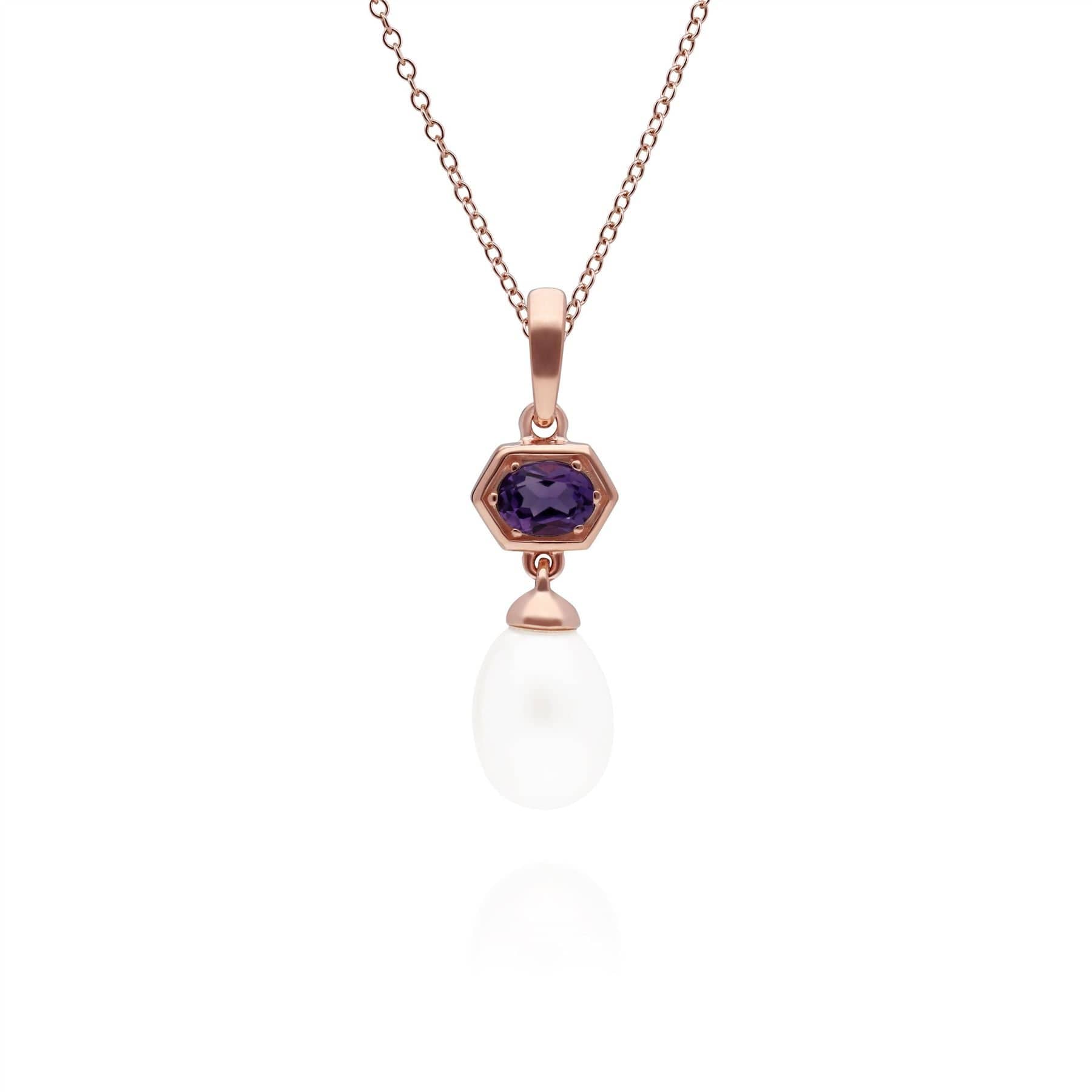 Modern Pearl & Amethyst Hexagon Drop Pendant in Rose Gold Plated Sterling Silver