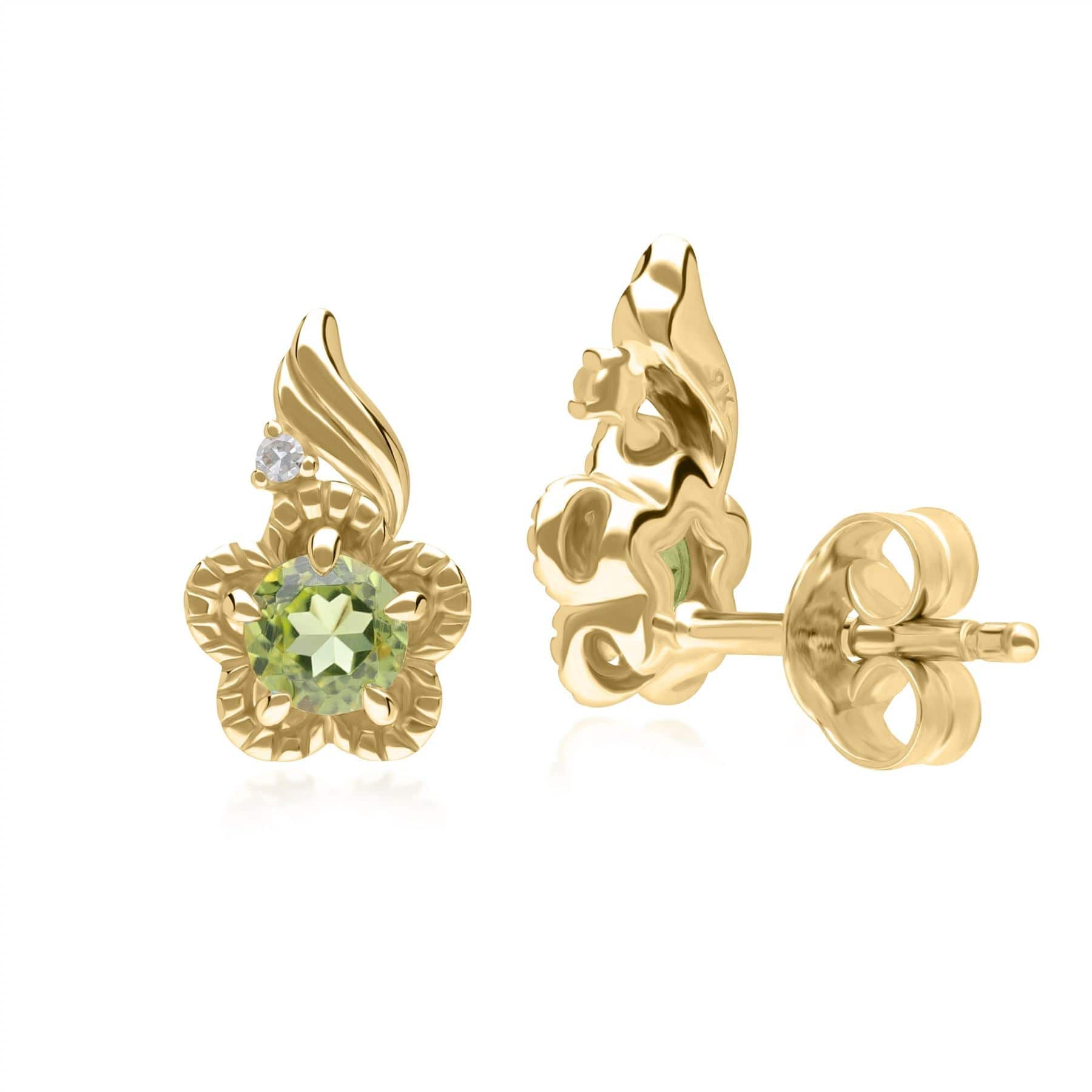 Floral Round Peridot & Diamond Stud Earrings in 9ct Yellow Gold - Gemondo