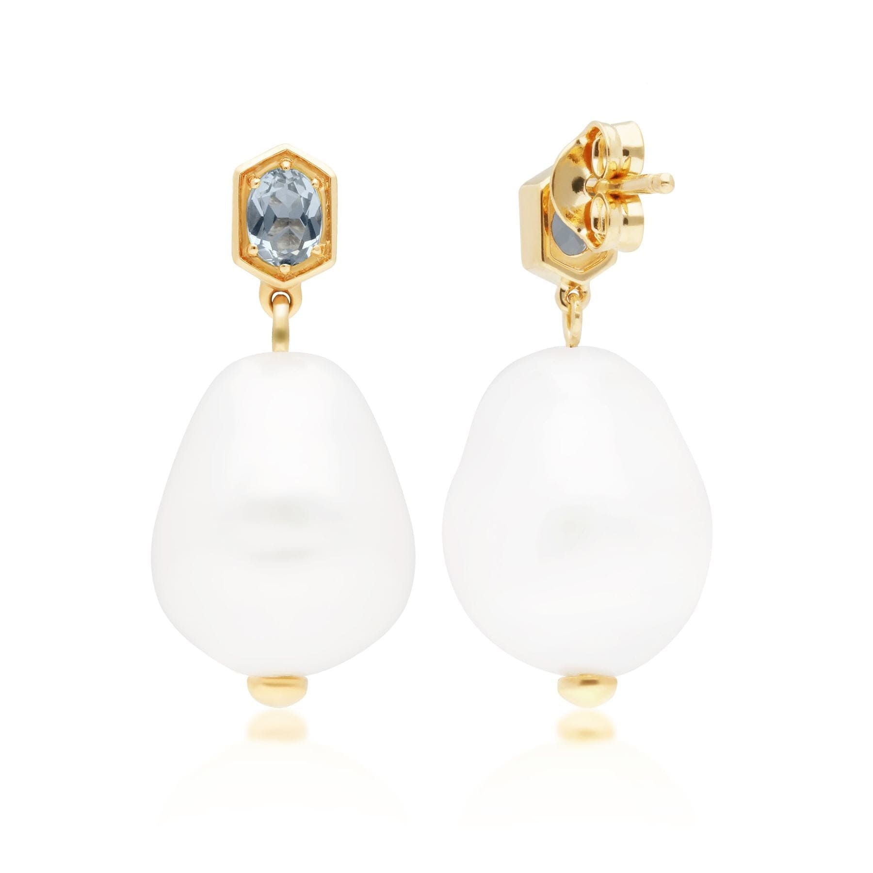Modern Baroque Pearl & Aquamarine Drop Earrings in Gold Plated Silver - Gemondo